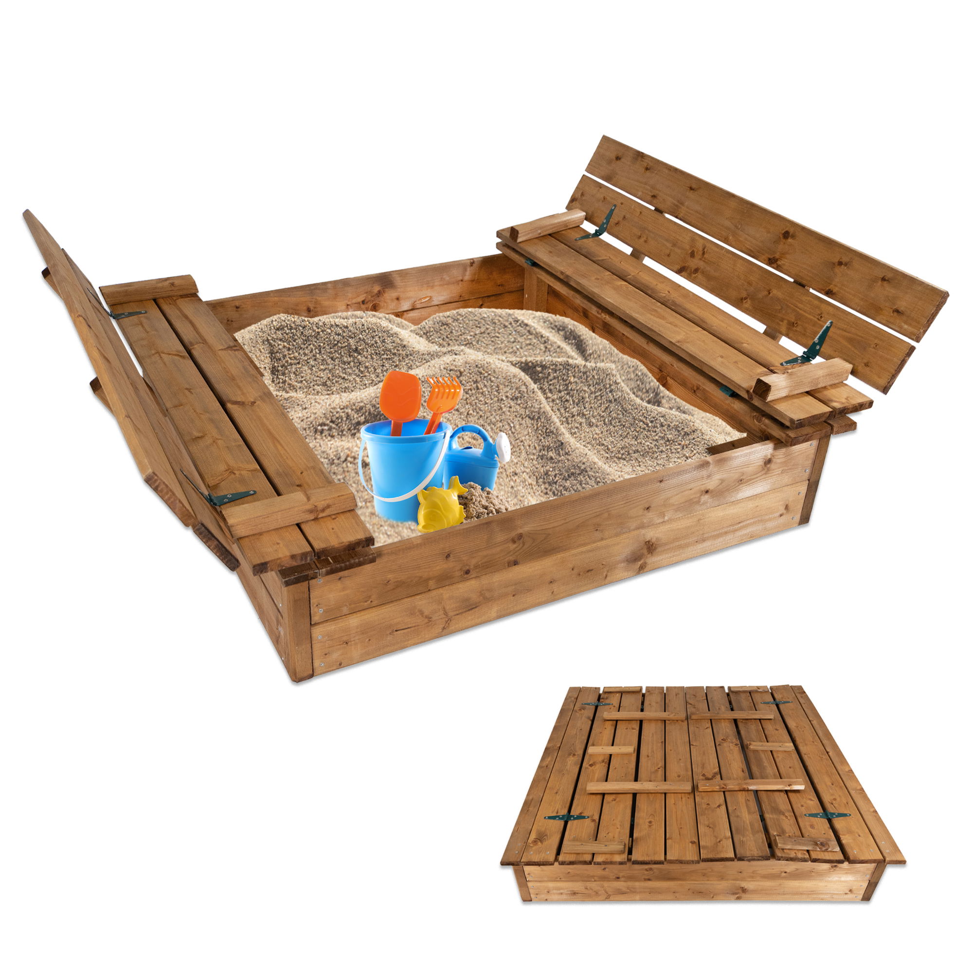 Sandkasten Holz 115x114cm mit Abdeckung und Sitzbänken, braun imprägniert