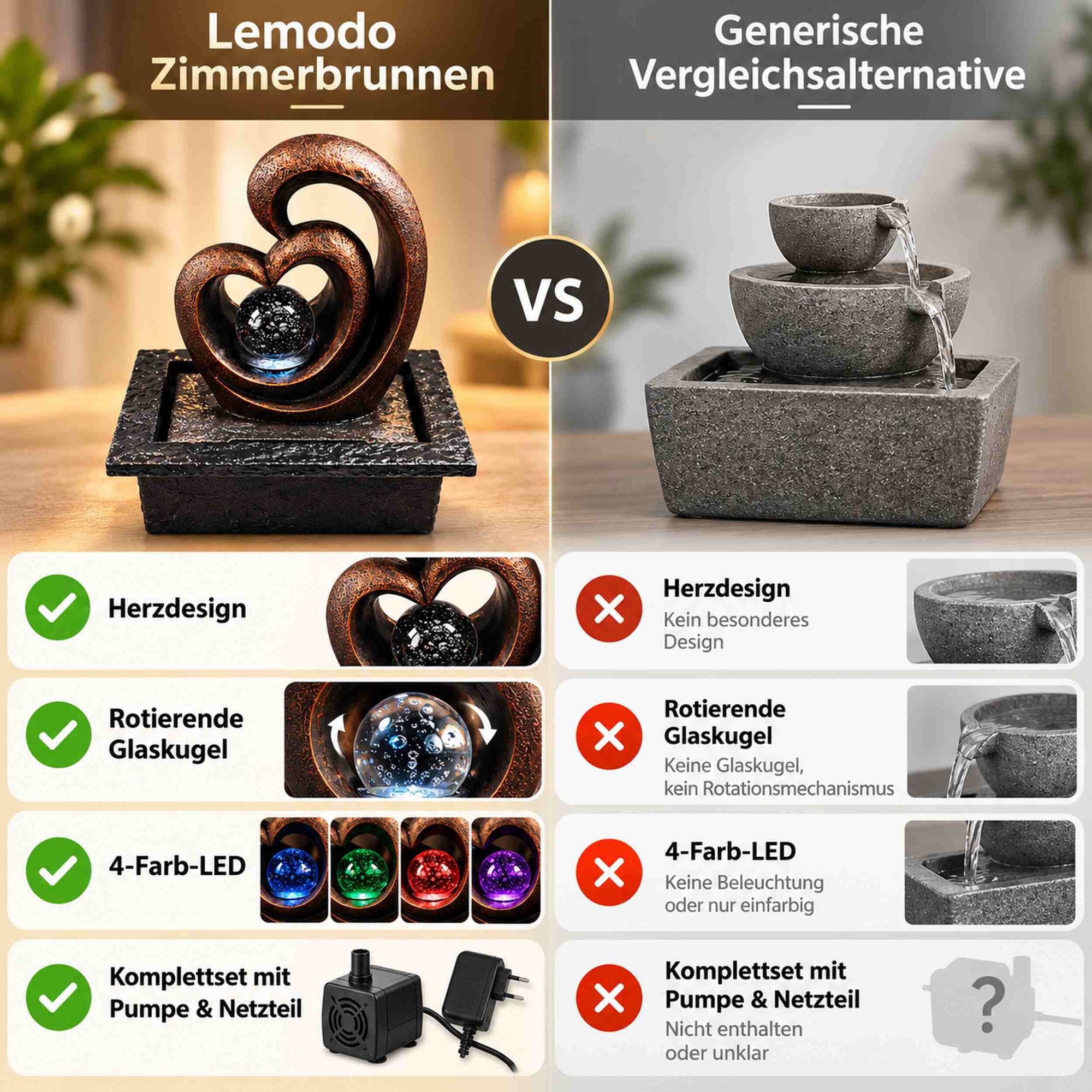 Zimmerbrunnen Herzform mit LED-Glaskugel im Vergleich Vergleichsbild: Lemodo Zimmerbrunnen in Herzform mit rotierender LED-Glaskugel, 4-Farb-Beleuchtung, Pumpe und Netzteil gegenüber einer generischen Zimmerbrunnen-Alternative.