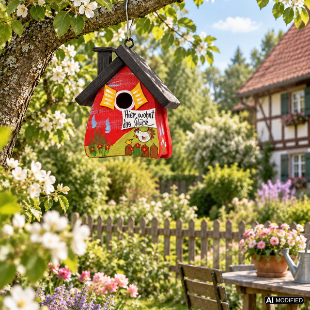 Nistkasten für Vögel aus Holz, handbemalt zum Aufhängen im Garten, rot