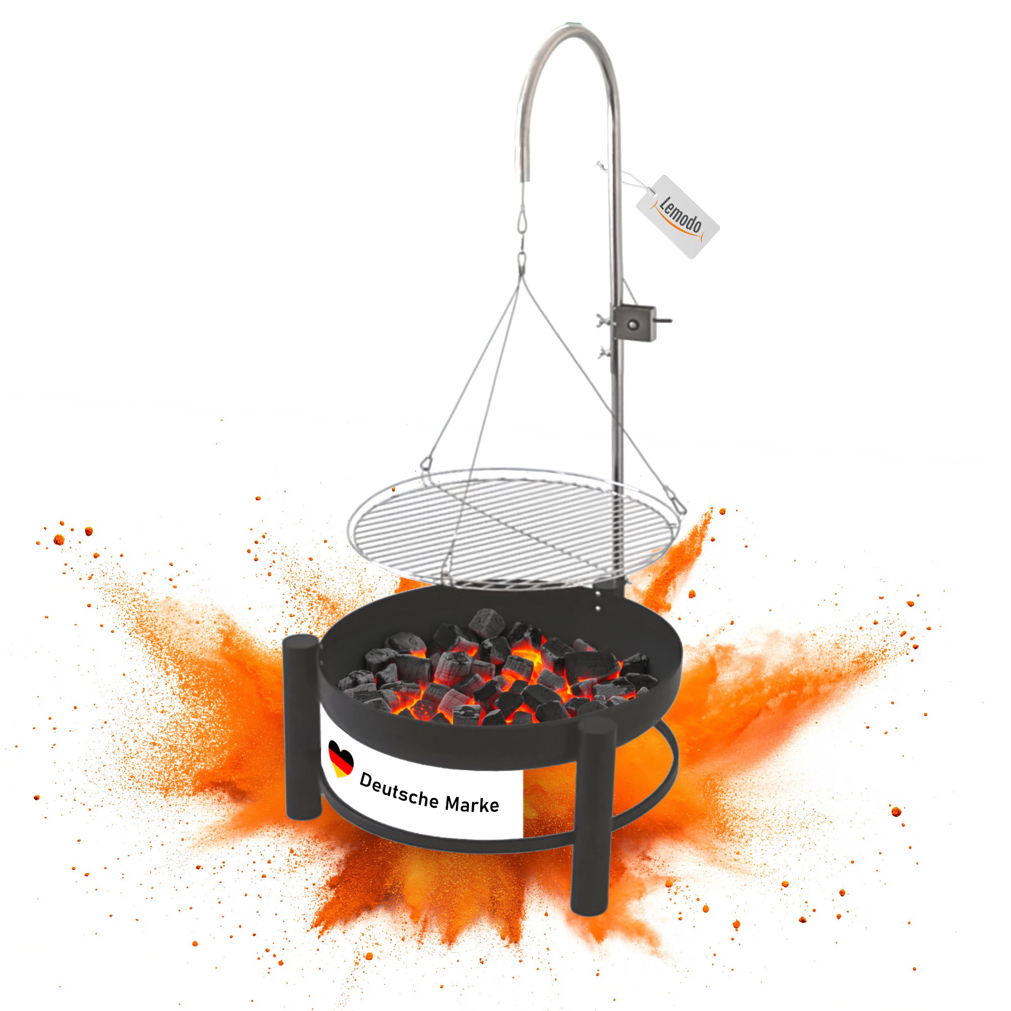 Holzkohlegrill mit stabiler Feuerschale, Schwenkgrill mit höhenverstellbarem Grillrost