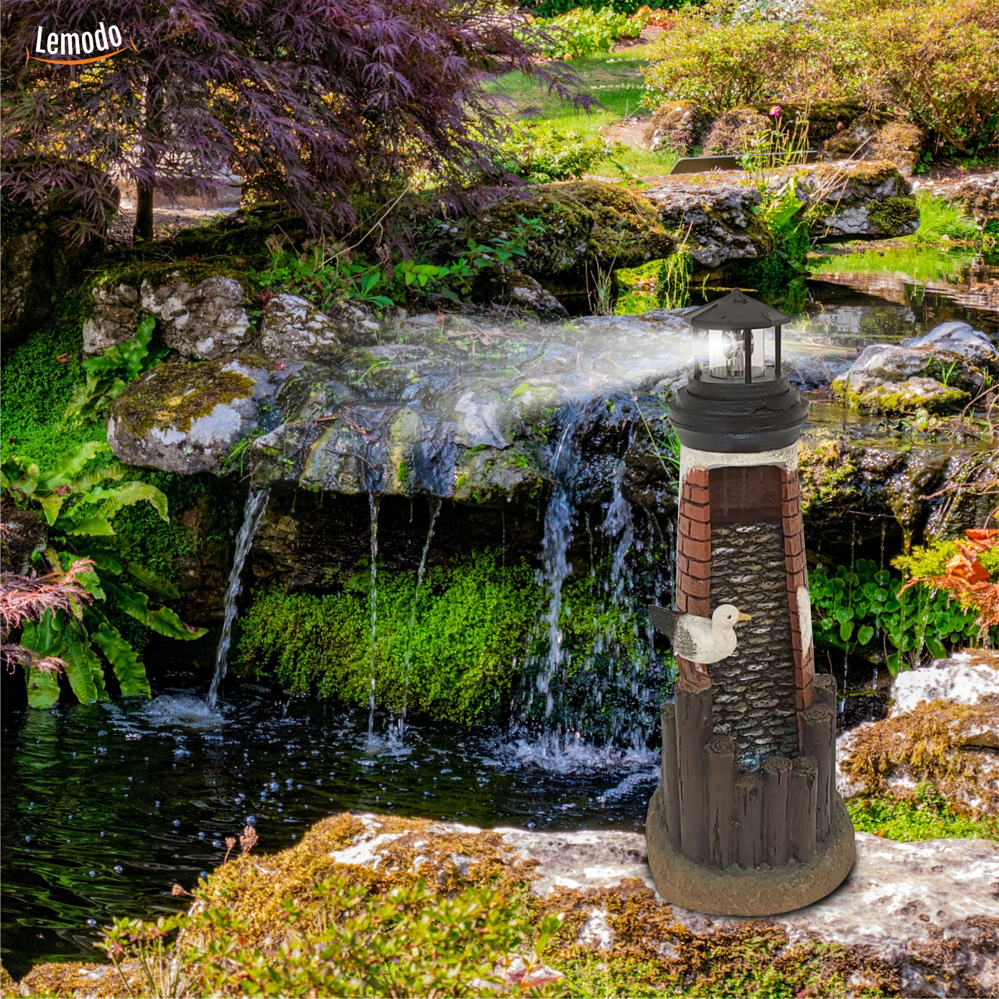 Gartenbrunnen Leuchtturm mit Möwe, Springbrunnen mit solarbetriebenem Leuchtfeuer NA144