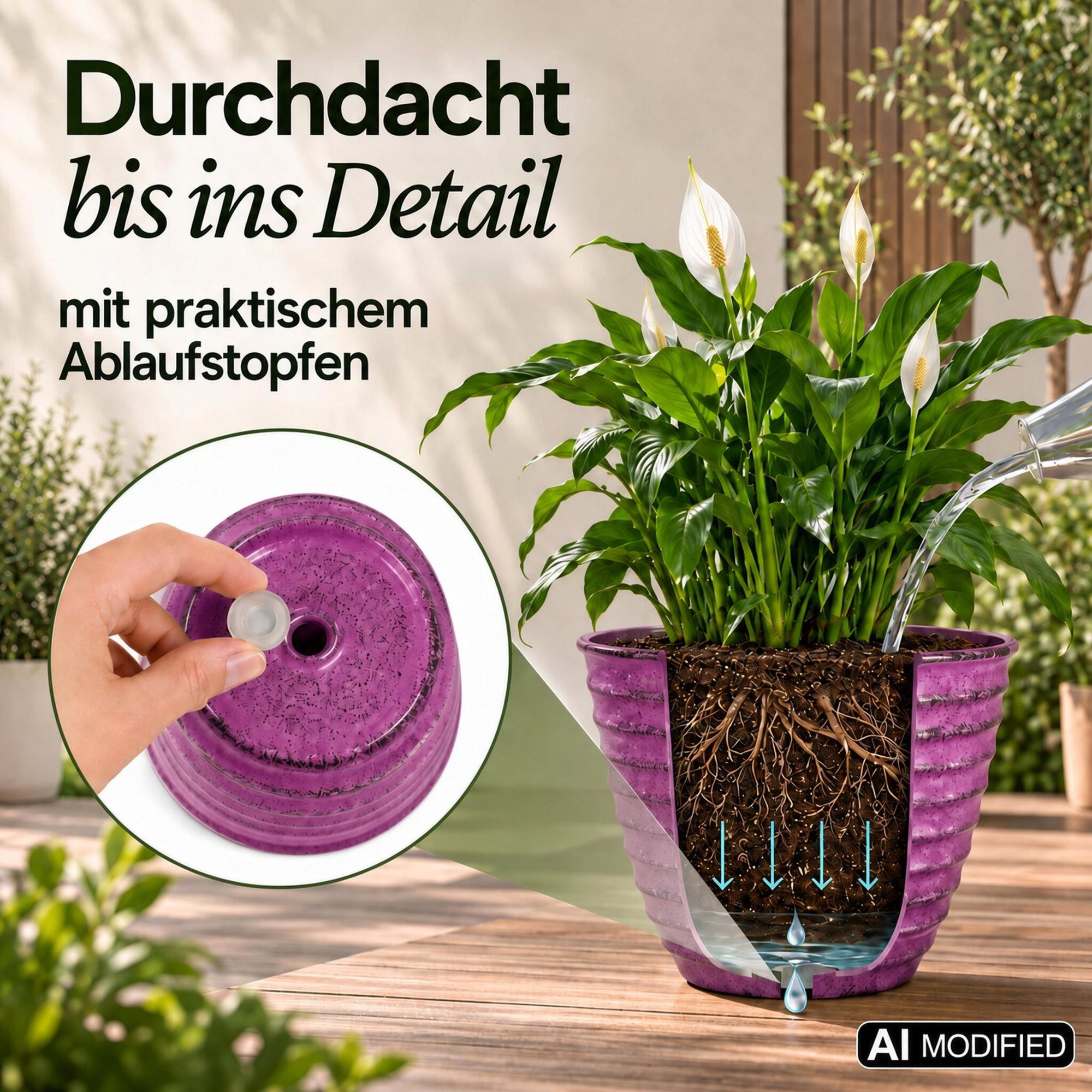 Lila gerippter Pflanztopf mit Schnittansicht, Ablaufstopfen und eingesetzter Grünpflanze