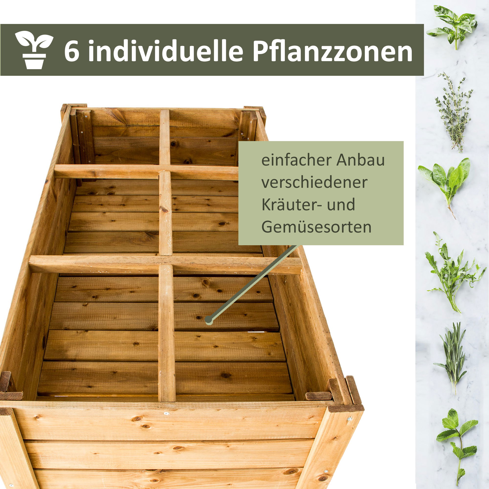 Hochbeet aus Holz mit Ablage, Pflanzkasten 110 x 60 cm, Kräuterbeet mit 6 Pflanzzonen NA042_B