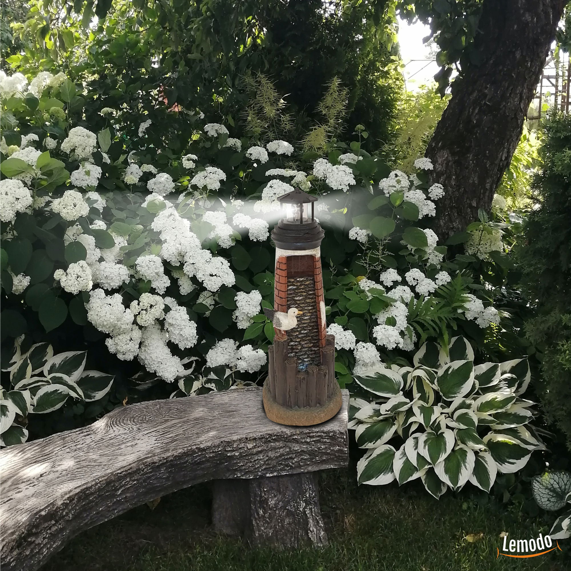 Gartenbrunnen Leuchtturm mit Möwe, Springbrunnen mit solarbetriebenem Leuchtfeuer NA144