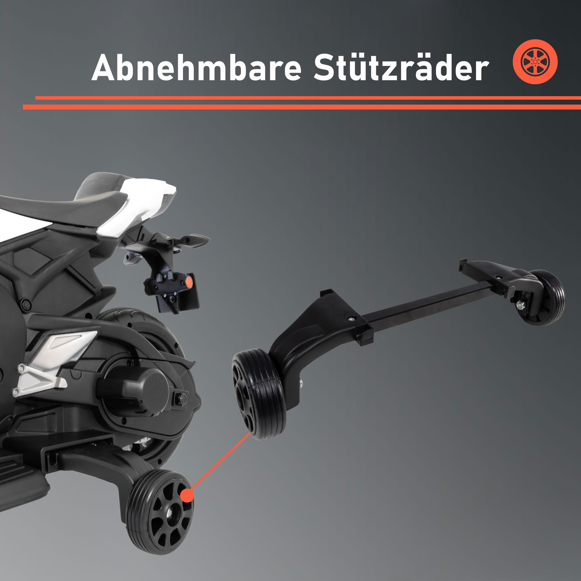 Kindermotorrad mit abnehmbaren Stützrädern für Kinder ab 3 Jahre, elektrisches Kinderfahrzeug PT013_W Kindermotorrad mit abnehmbaren Stützrädern für Kinder ab 3 Jahre, elektrisches Kinderfahrzeug PT013_W