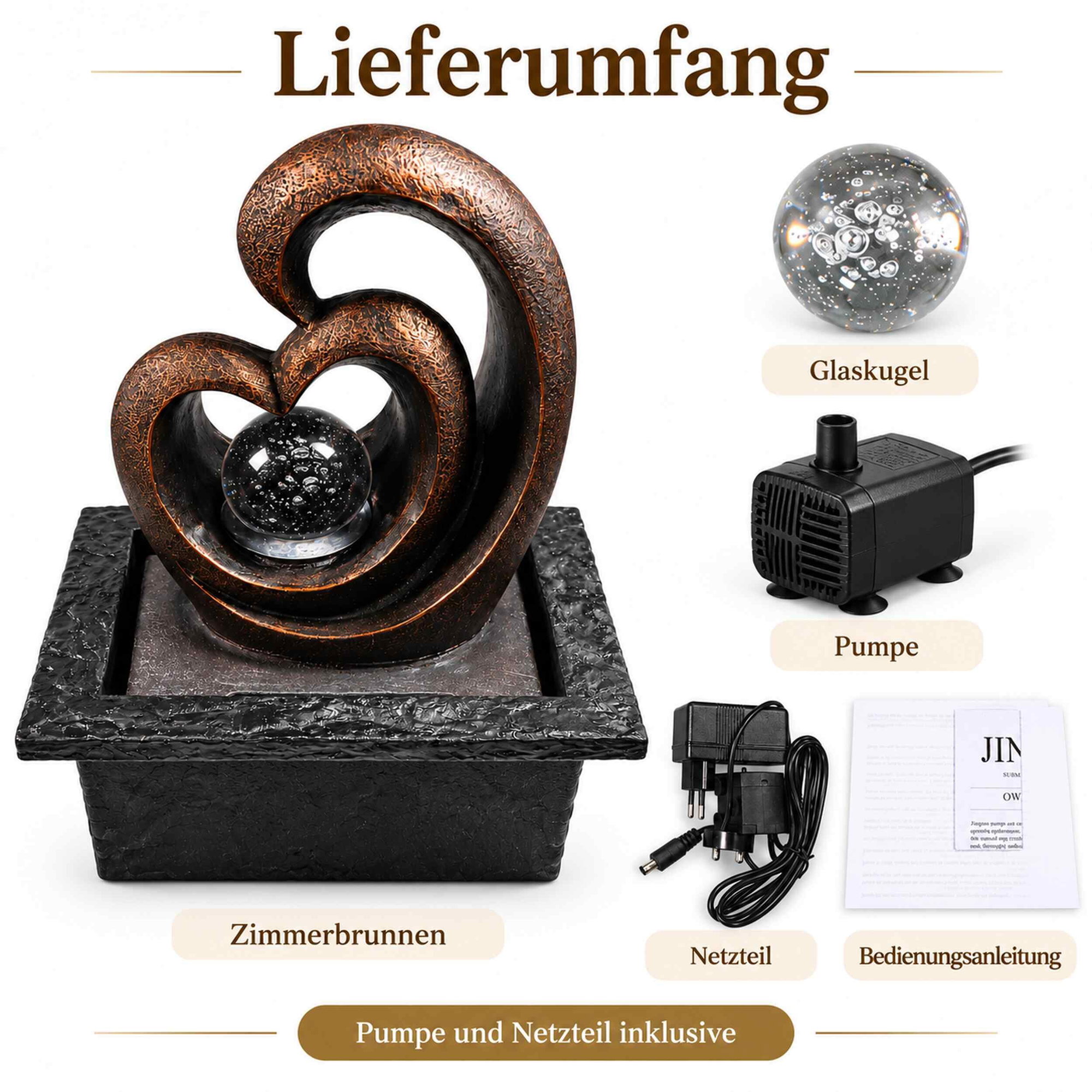 Zimmerbrunnen Herzform mit LED-Glaskugel – Lieferumfang Zimmerbrunnen in Herzform mit Antik-Kupfer-Optik, LED-Glaskugel, schwarzer Schale sowie Zubehör: Glaskugel, Pumpe, Netzteil und Bedienungsanleitung