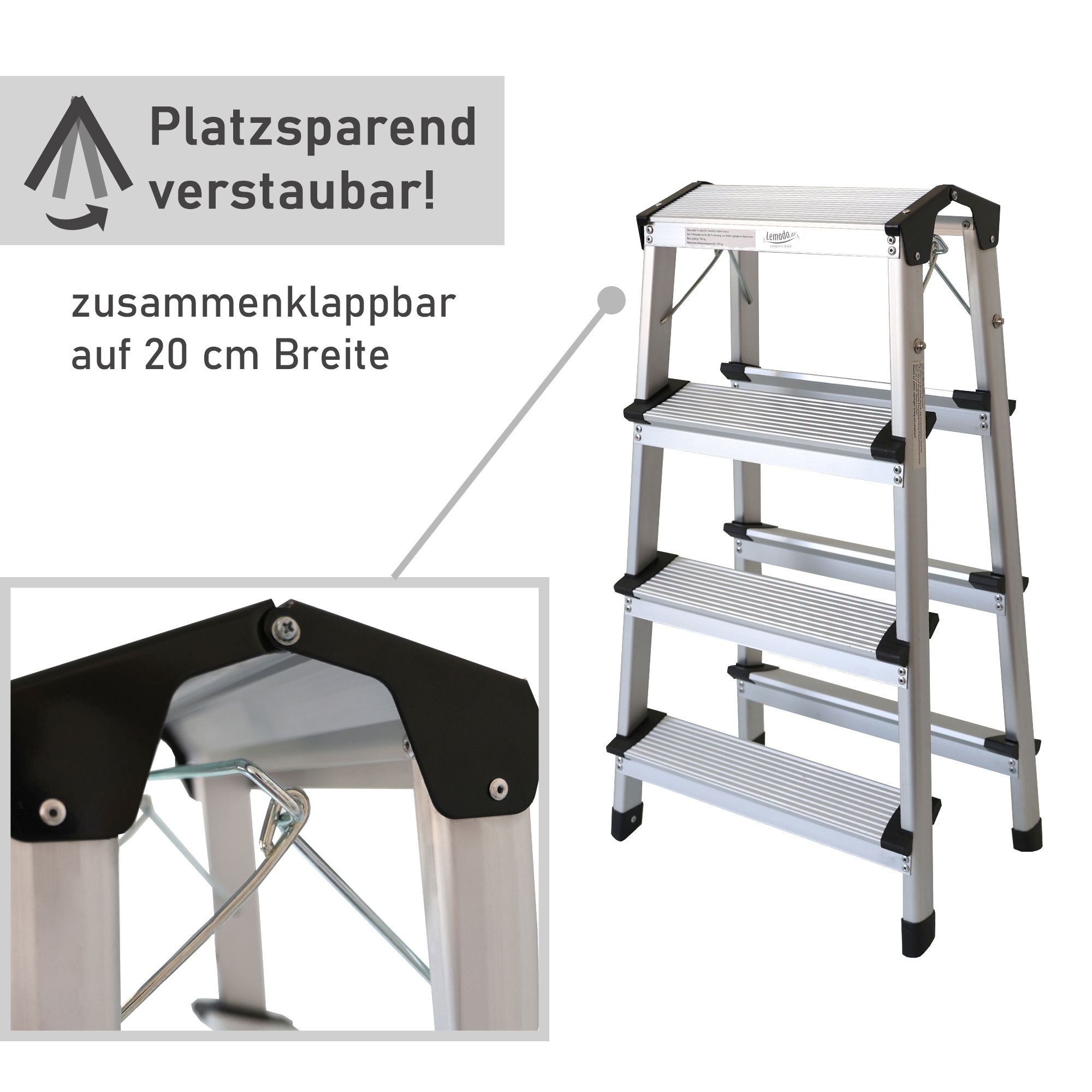 Klappbare Leiter 4 Stufen, Trittleiter aus Aluminium, Treppenleiter bis 150kg belastbar NA180 Klappbare Leiter 4 Stufen, Trittleiter aus Aluminium, Treppenleiter bis 150kg belastbar NA180