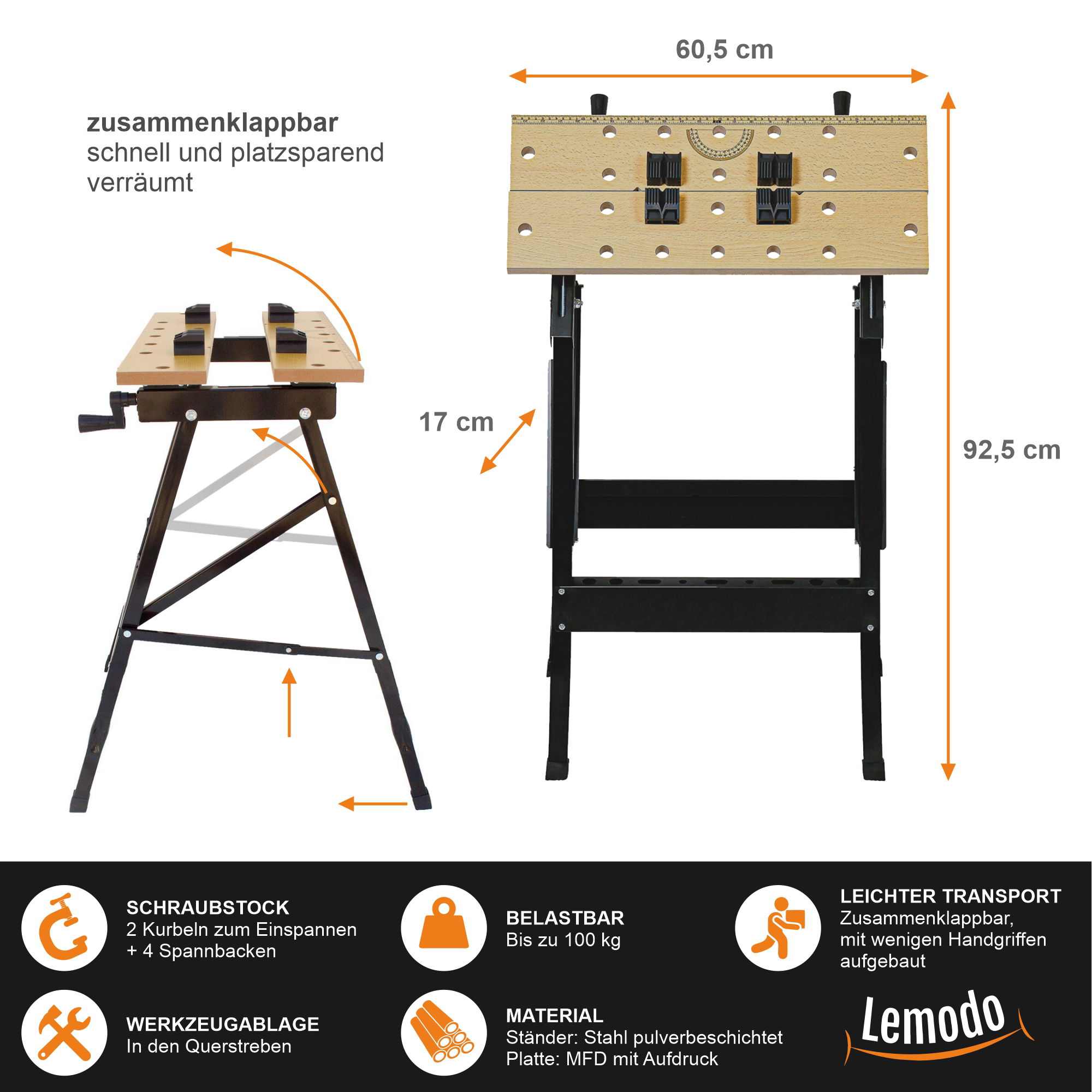 Mobile Werkbank klappbar mit Schraubstock, bis 100 kg, mit Mess- und Winkelskala YT004