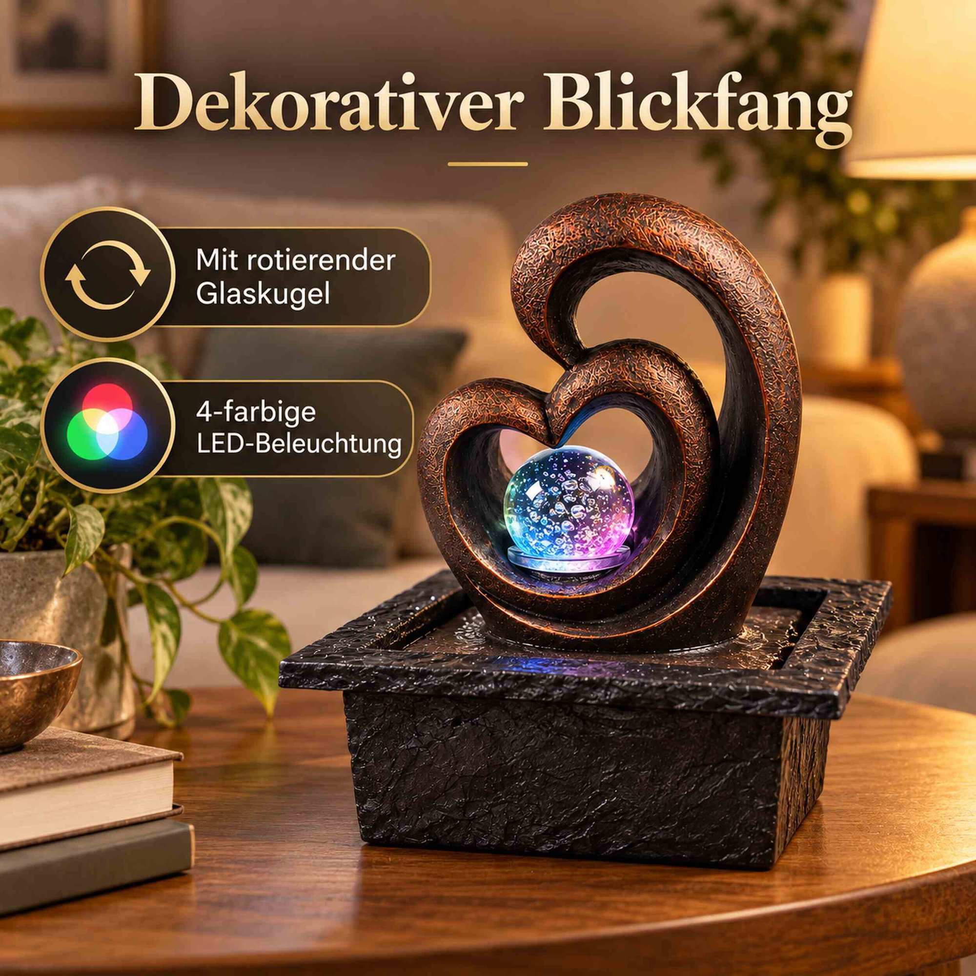 Zimmerbrunnen Herzform mit LED-Glaskugel in Antik-Kupfer Herzförmiger Zimmerbrunnen in Antik-Kupfer-Optik mit rotierender, farbig beleuchteter Glaskugel auf einem Wohnzimmertisch.
