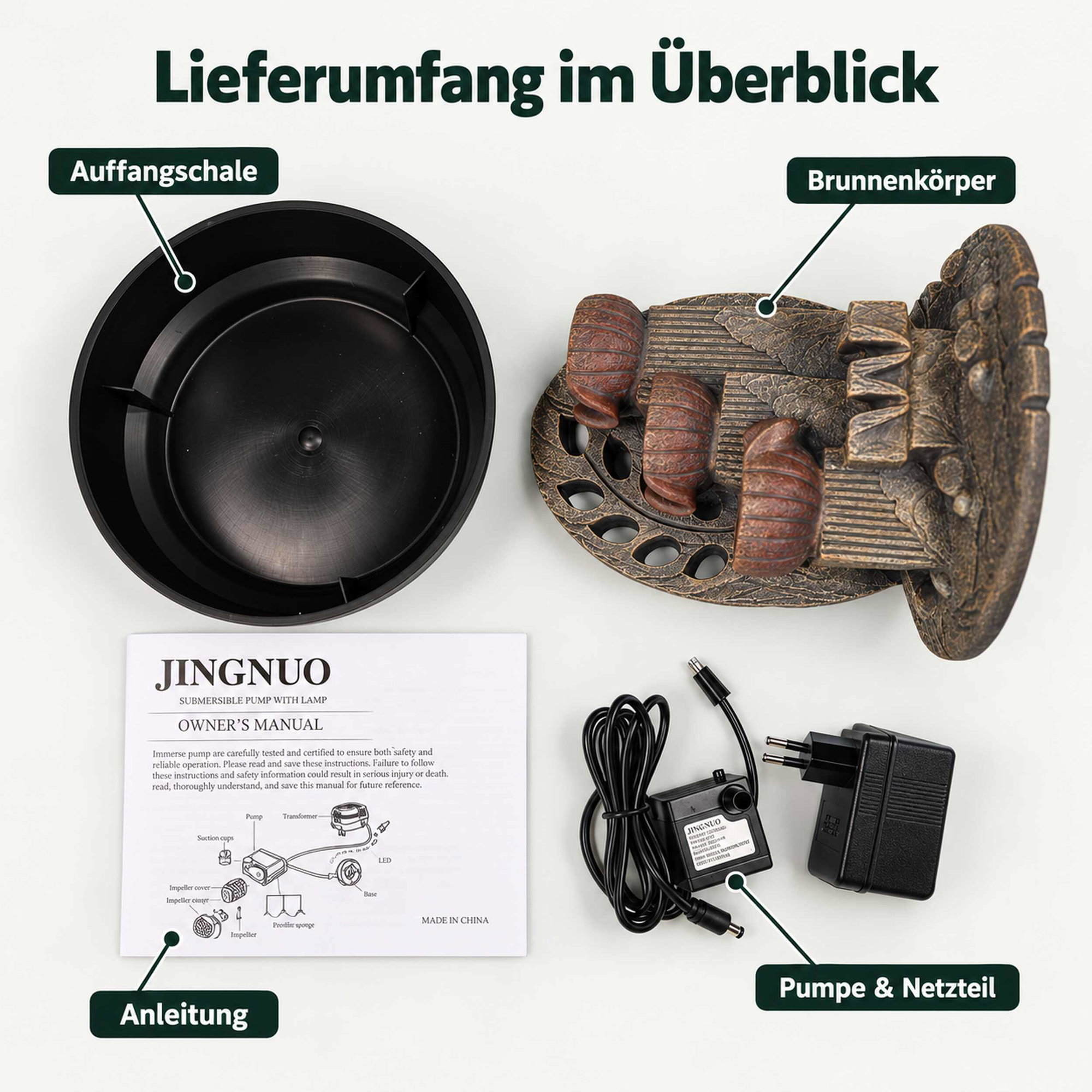 Zimmerbrunnen Lieferumfang: Alle Teile im Überblick Lieferumfang eines Zimmerbrunnens: Auffangschale, Brunnenkörper in Steinoptik, Anleitung sowie Pumpe und Netzteil.