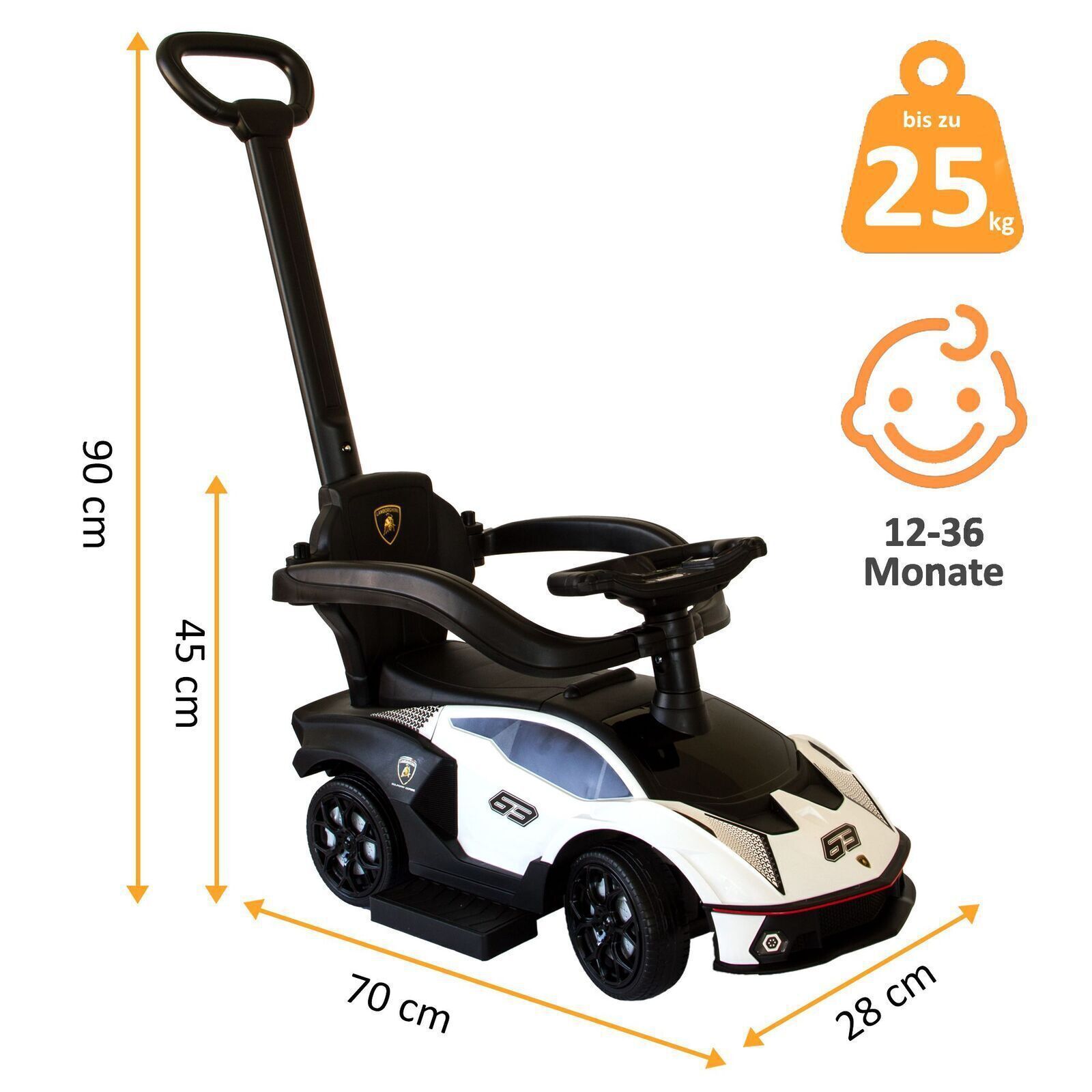 Rutschauto in weiß, Kinderfahrzeug mit Sicherheitsbügel, Rutscher Auto mit Schiebestange ab 1 Jahr PT008_W Rutschauto in weiß, Kinderfahrzeug mit Sicherheitsbügel, Rutscher Auto mit Schiebestange ab 1 Jahr PT008_W
