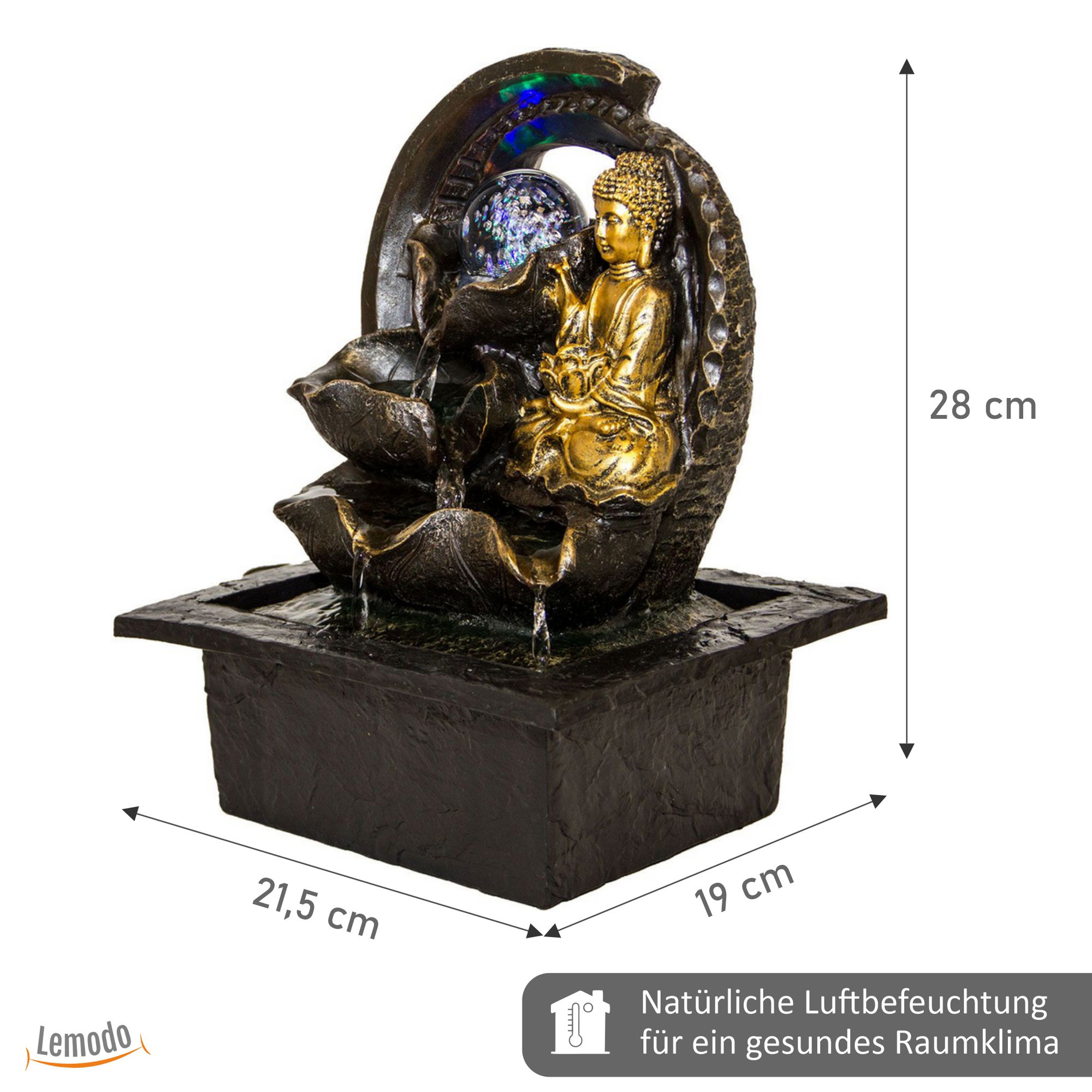 Zimmerbrunnen mit Buddha Gyan und LED Beleuchtung, Feng Shui Dekobrunnen für die Wohnung und Büro NA091