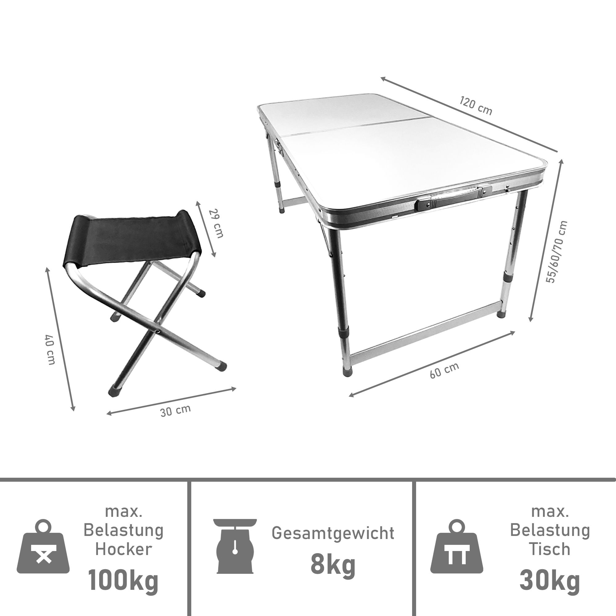 Campingtisch Set 5-teilig, Klapptisch mit 4 Camping Hocker WT009