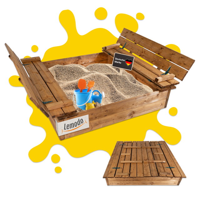 Sandkasten Holz 115x114cm mit Abdeckung und Sitzbänken, braun imprägniert