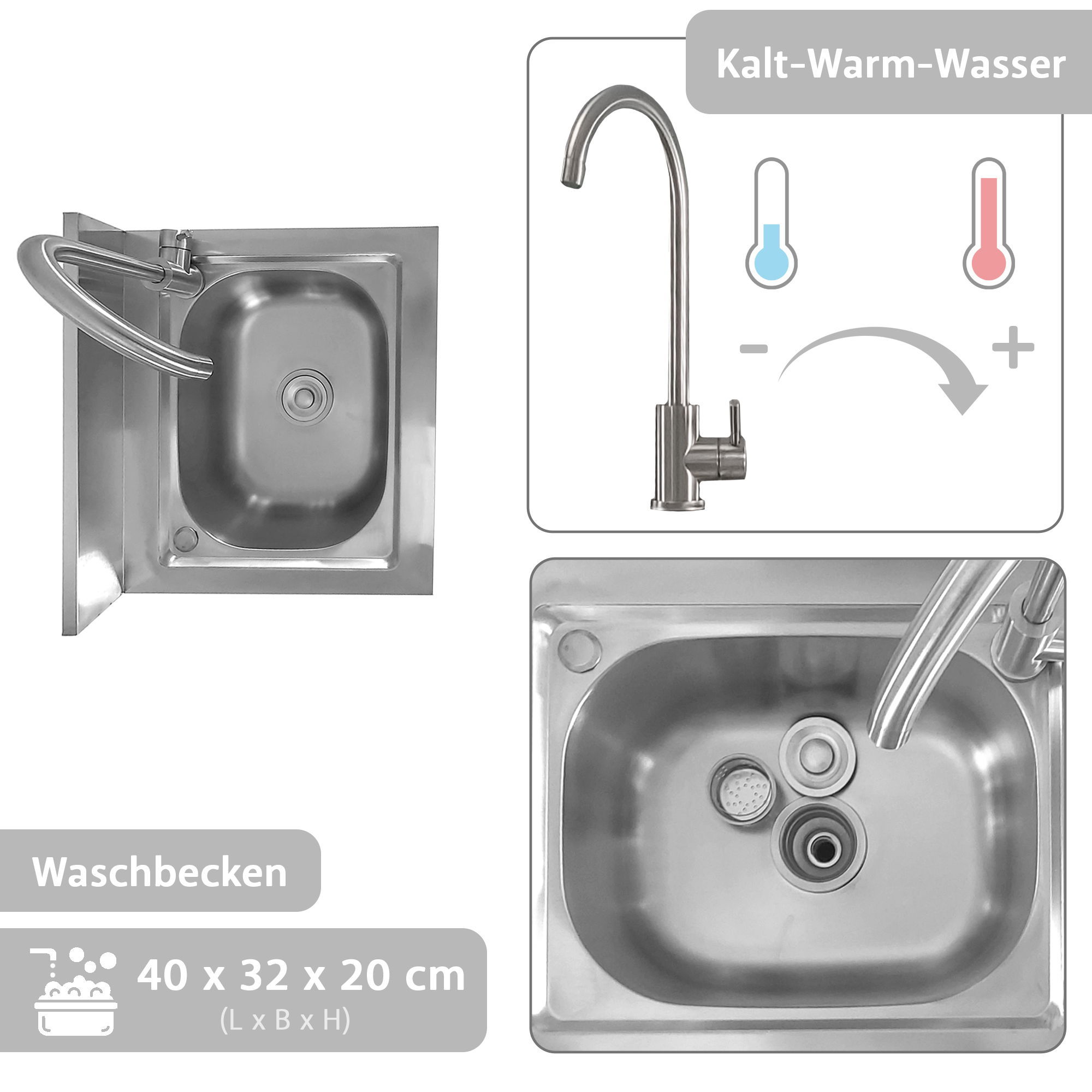 Spültisch freistehend, Wasserhahn mit Kalt Warm Anschluss, Spülbecken Größe M NA223