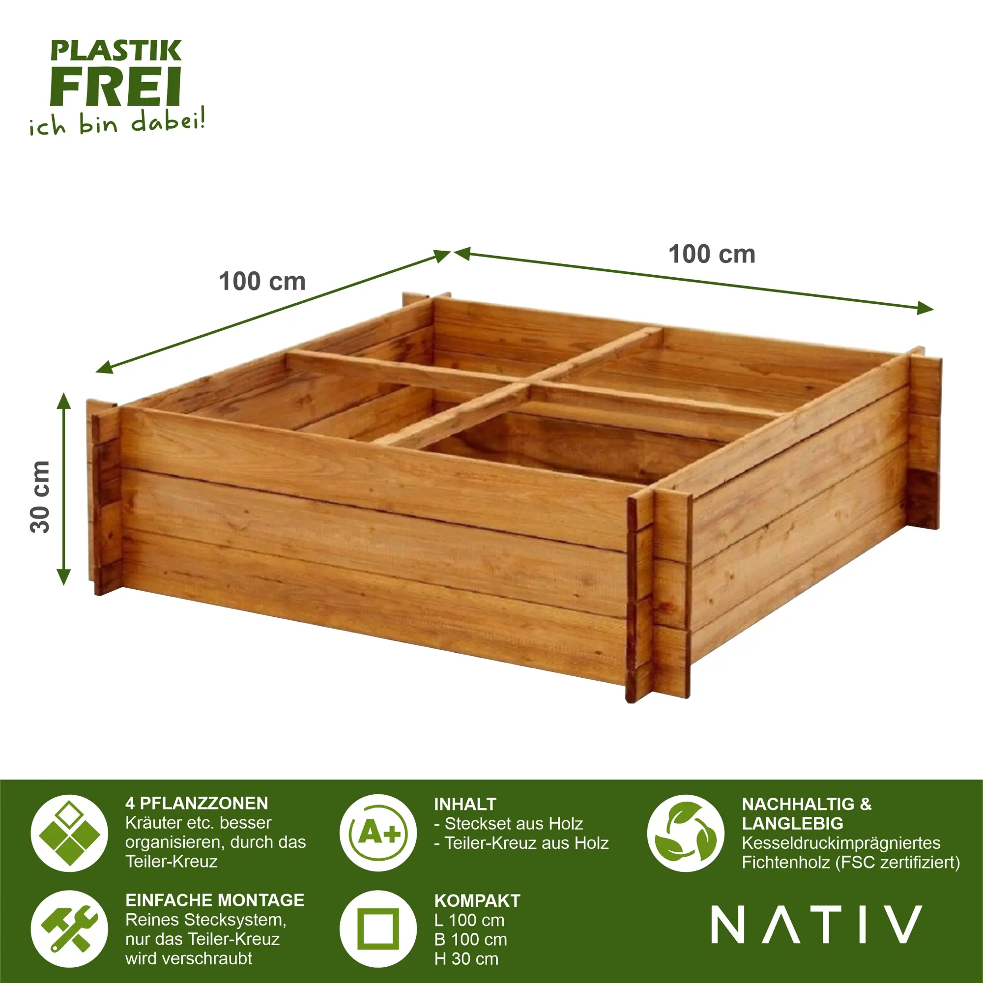 Pflanzkasten aus Holz, Kräuterbeet mit 4 Pflanzzonen, Hochbeet 100 x 100 x 30 cm (L x B x H) NA129_B