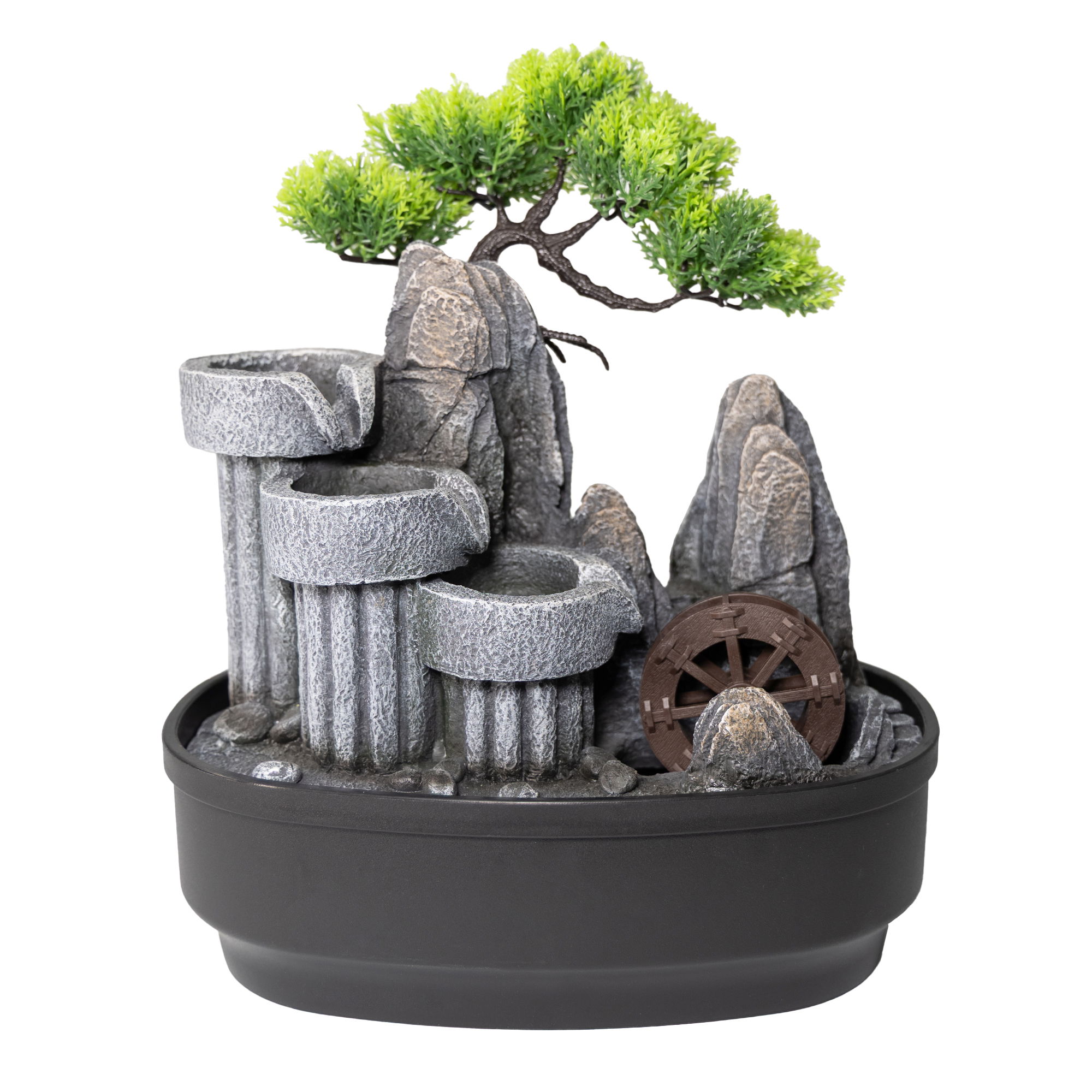 Zimmerbrunnen, Tischbrunnen mit Wasserrad und Dekobaum Zimmerbrunnen, Tischbrunnen mit Wasserrad und Dekobaum