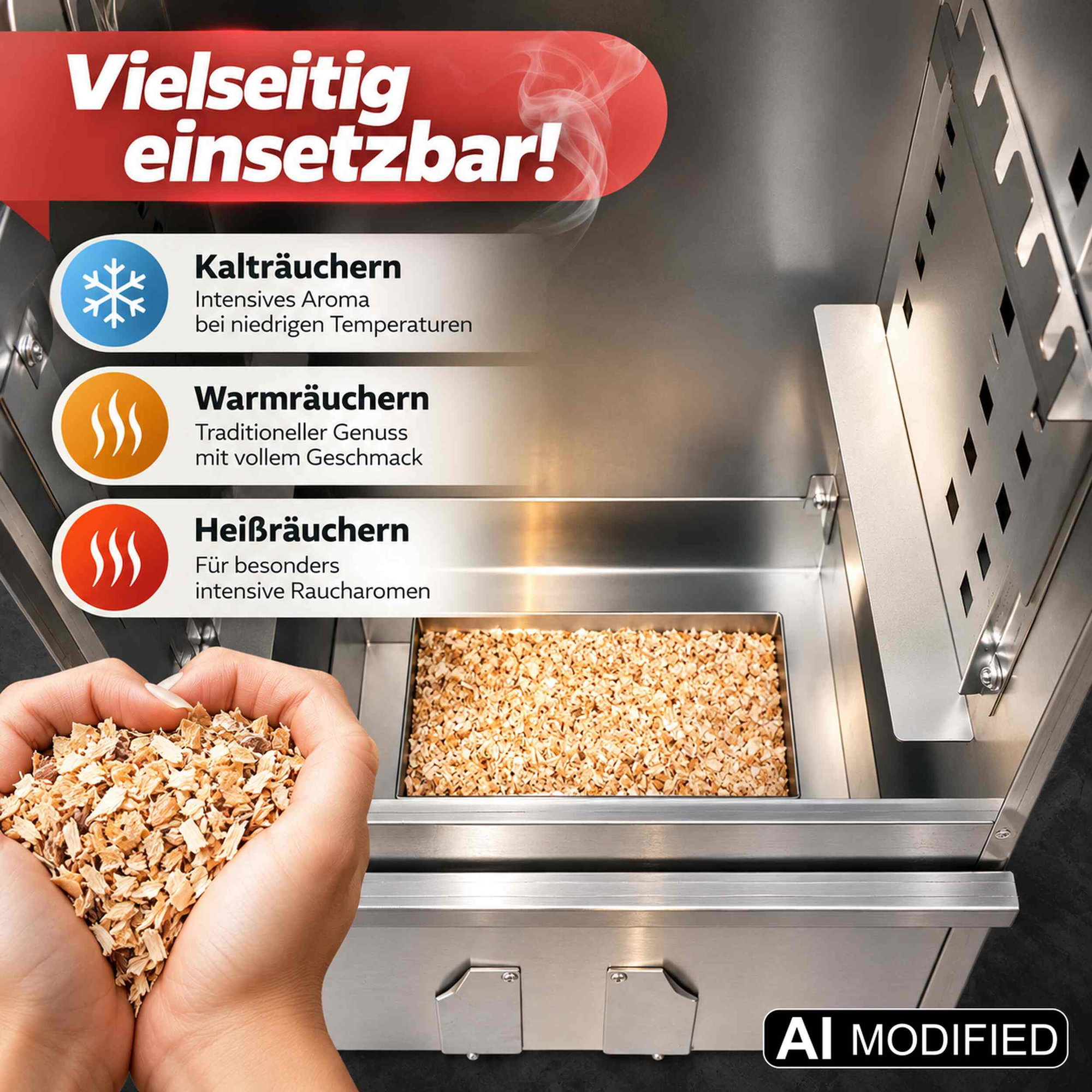Räucherofen aus Stahl für Kalt-, Warm- und Heißräuchern Geöffneter Räucherofen aus Stahl mit Räucherspänen und Hinweis auf Kalt-, Warm- und Heißräuchern
