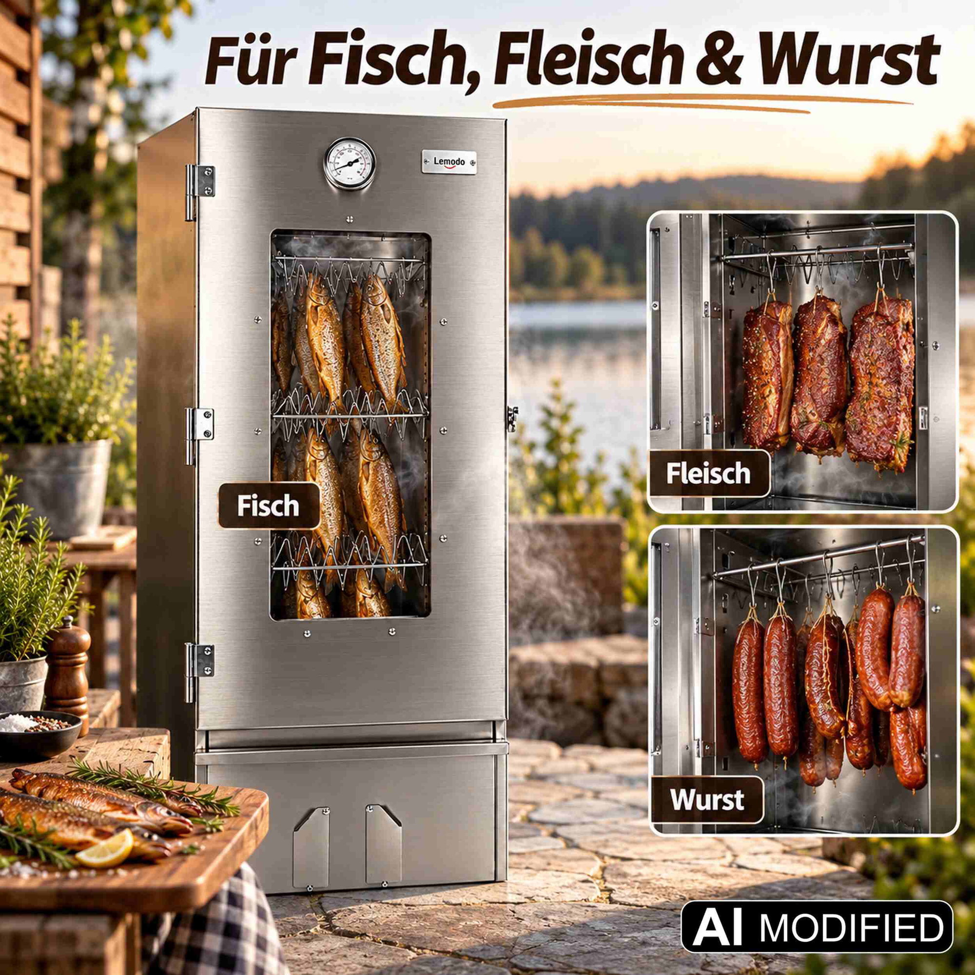 Räucherofen Edelstahl 201, 110 cm mit verstellbaren Auflagen Edelstahl Räucherofen mit Sichtfenster, Thermometer und hitzebeständigen Auflagen, gefüllt mit geräuchertem Fisch, daneben Detailaufnahmen von Fleisch und Wurst im Räucherofen.