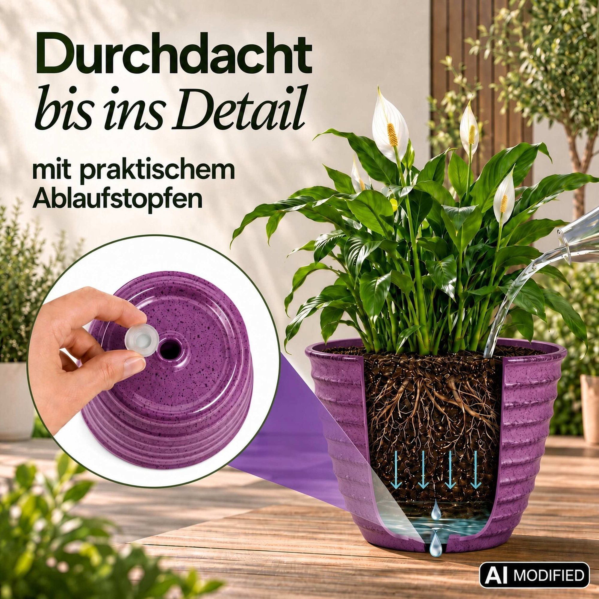 Lila gerippter Pflanztopf mit Ablaufstopfen Lila gerippter Pflanztopf mit Ablaufstopfen, Querschnitt mit Wurzeln und Wasserablauf
