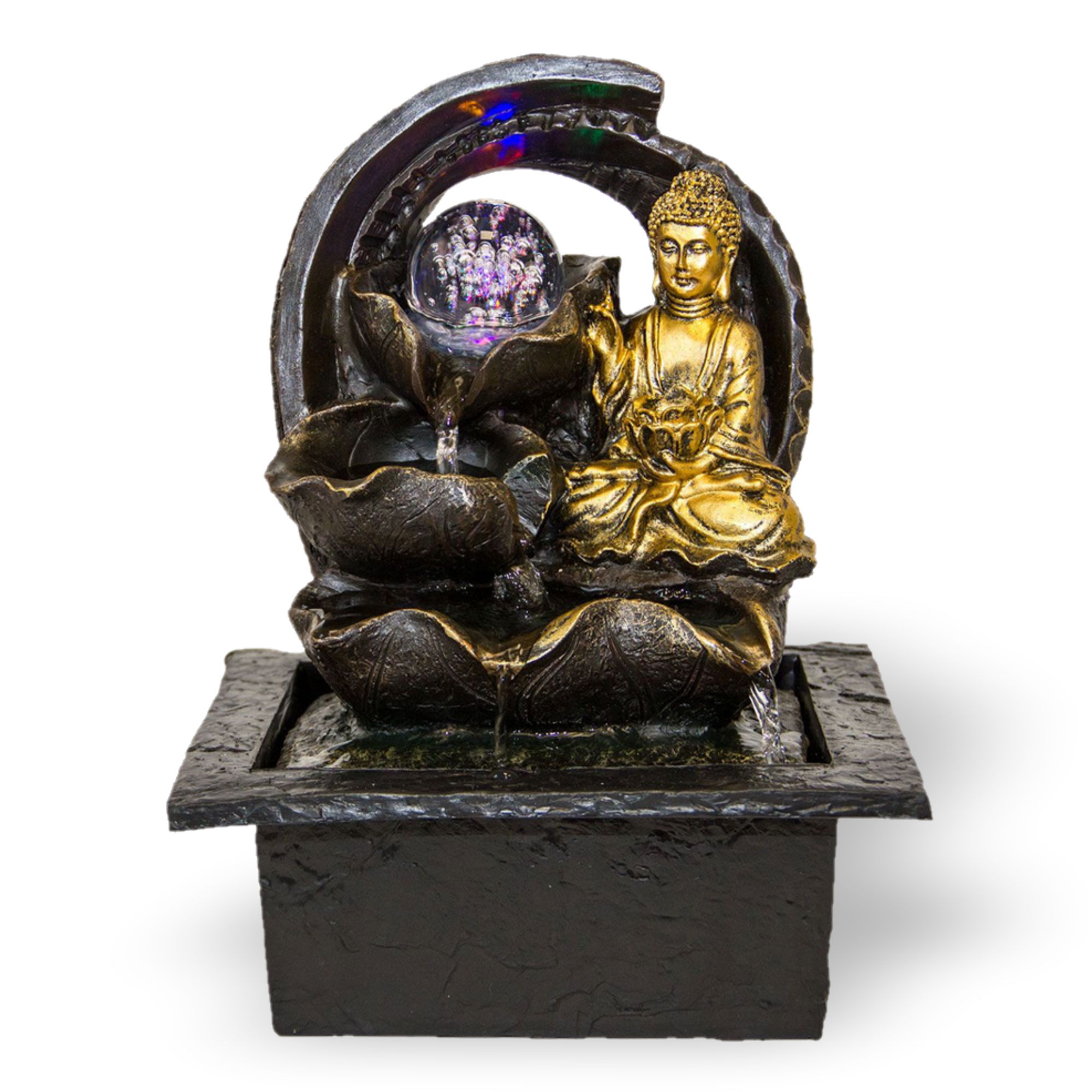 Zimmerbrunnen mit Buddha Gyan und LED Beleuchtung, Feng Shui Dekobrunnen für die Wohnung und Büro NA091