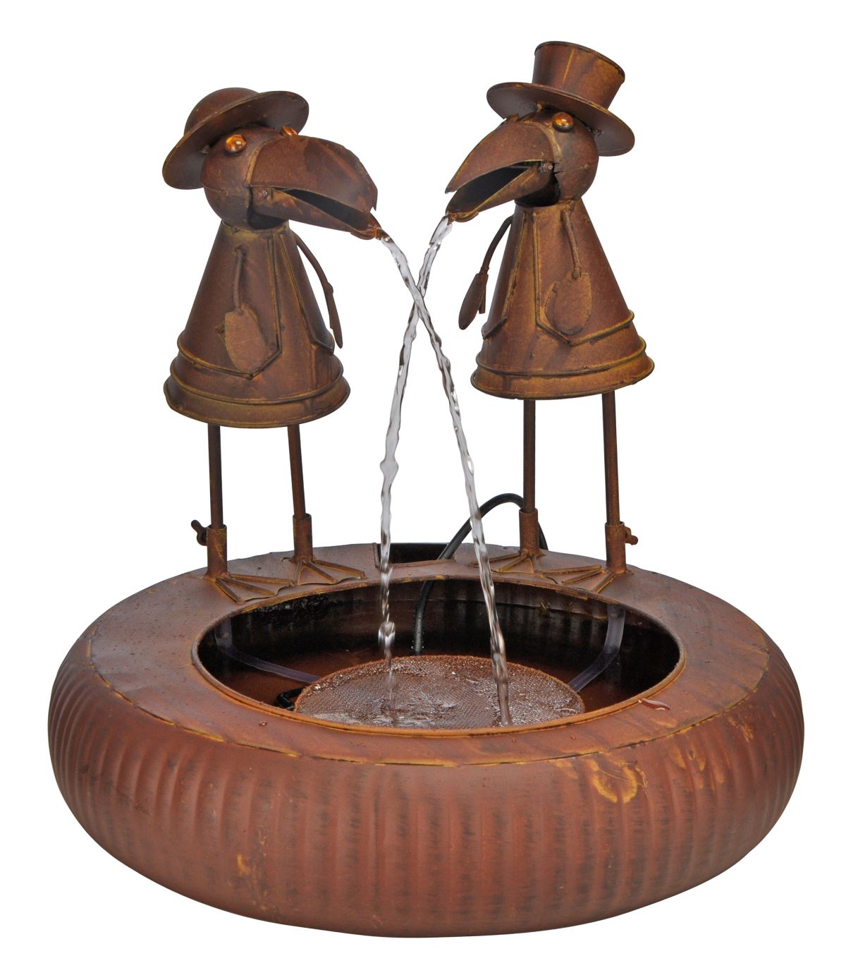 Brunnen mit Raben, Metallbrunnen mit Pumpe, Wasserspiel innen und außen