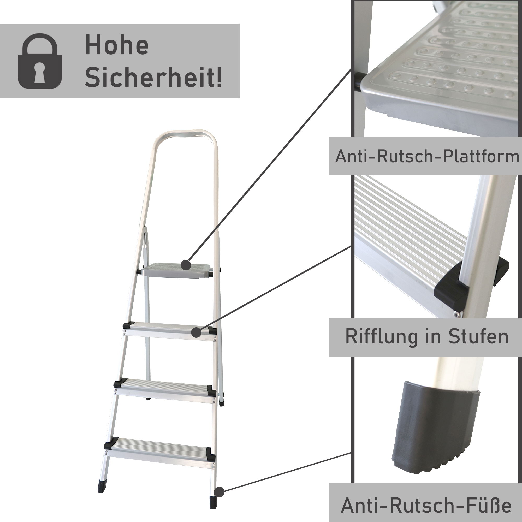 Trittleiter mit 4 Stufen, Treppenleiter aus Aluminium, Stehleiter bis 150kg belastbar NA182