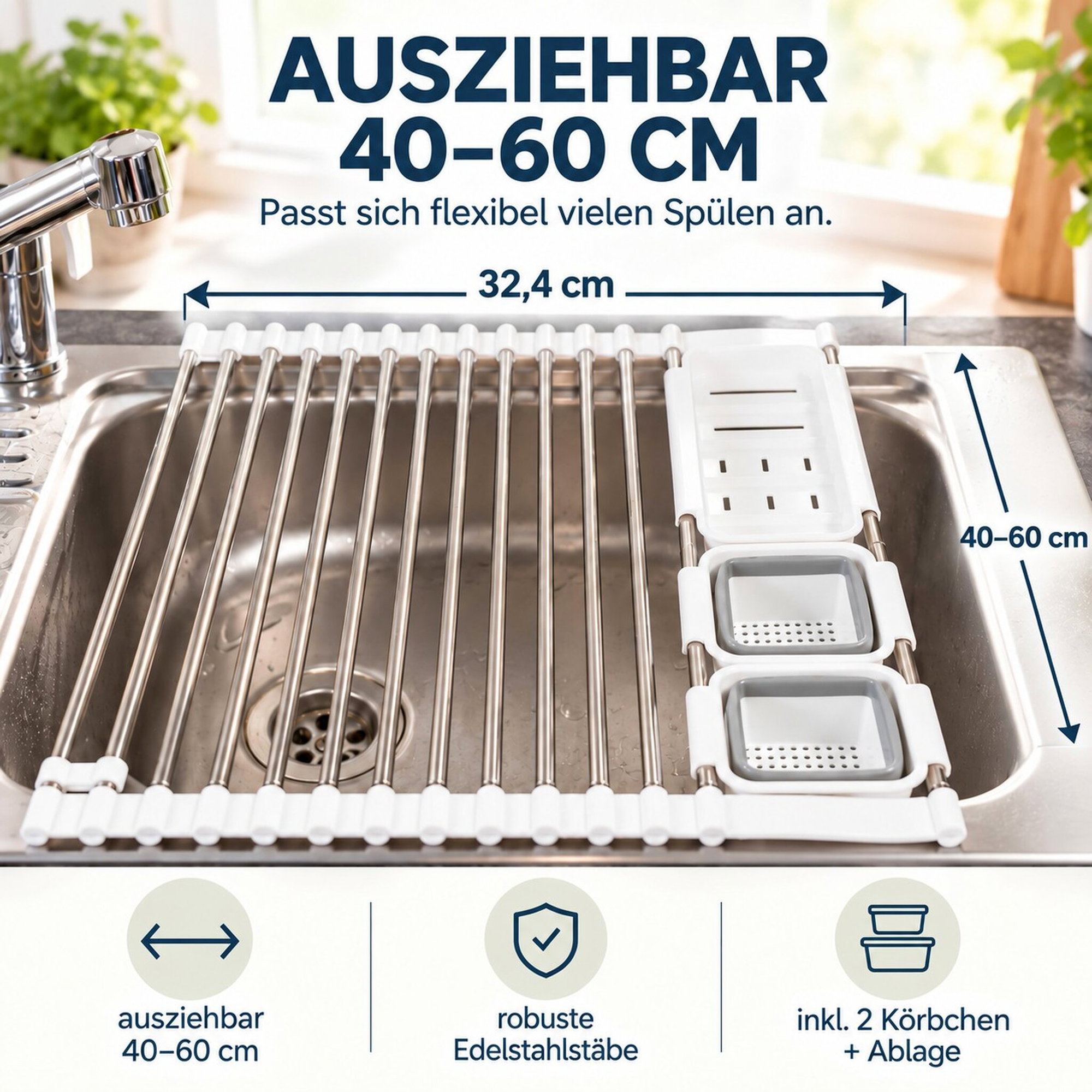 Ausziehbares Abtropfgestell aus Edelstahl 40–60 cm Ausziehbares Abtropfgestell aus Edelstahl über Spülbecken, 40–60 cm, mit zwei Körbchen und Ablage