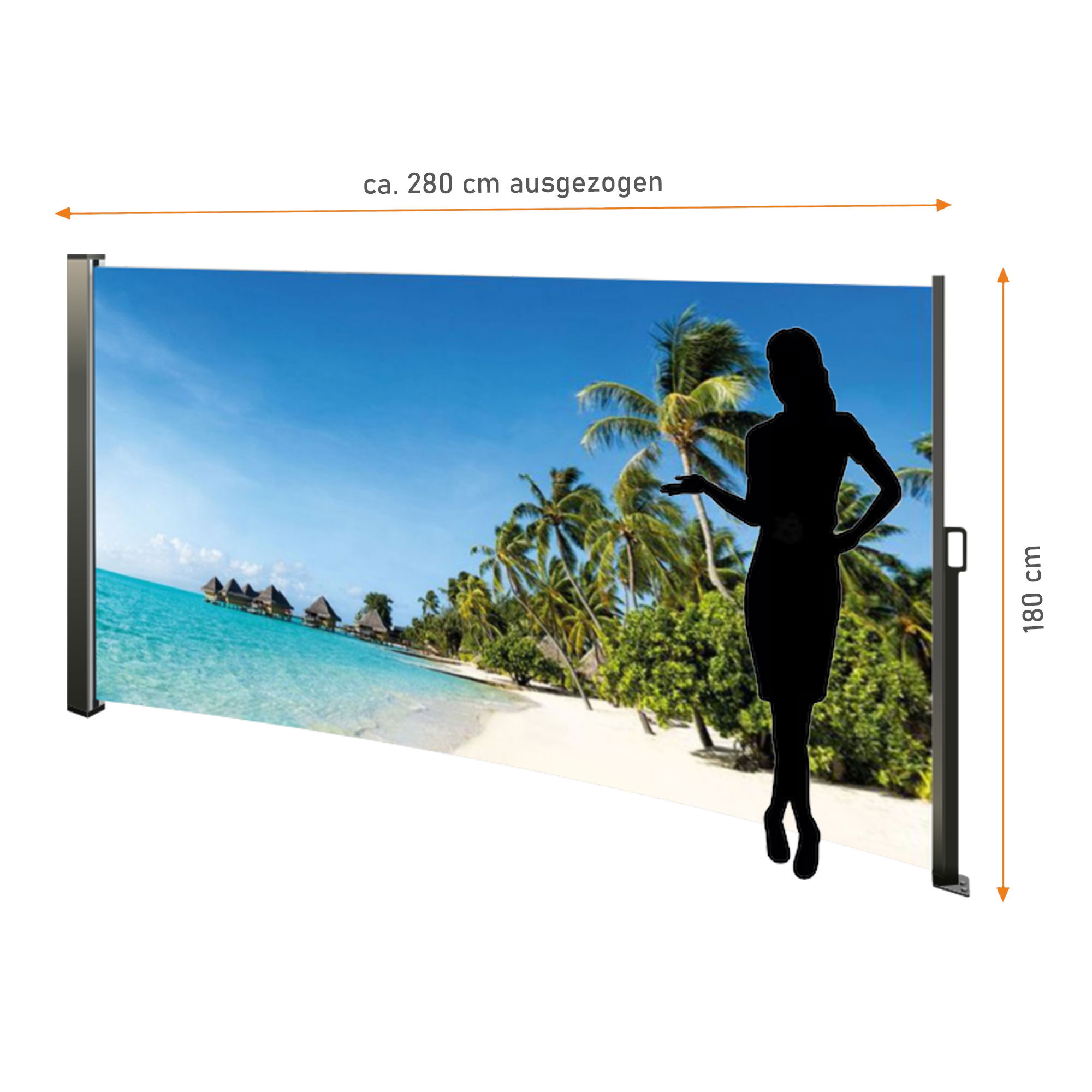 Seitenmarkise ausziehbar rechts, 180 cm hoch, Seitenrollo mit Fotodruck Südsee NA099-L
