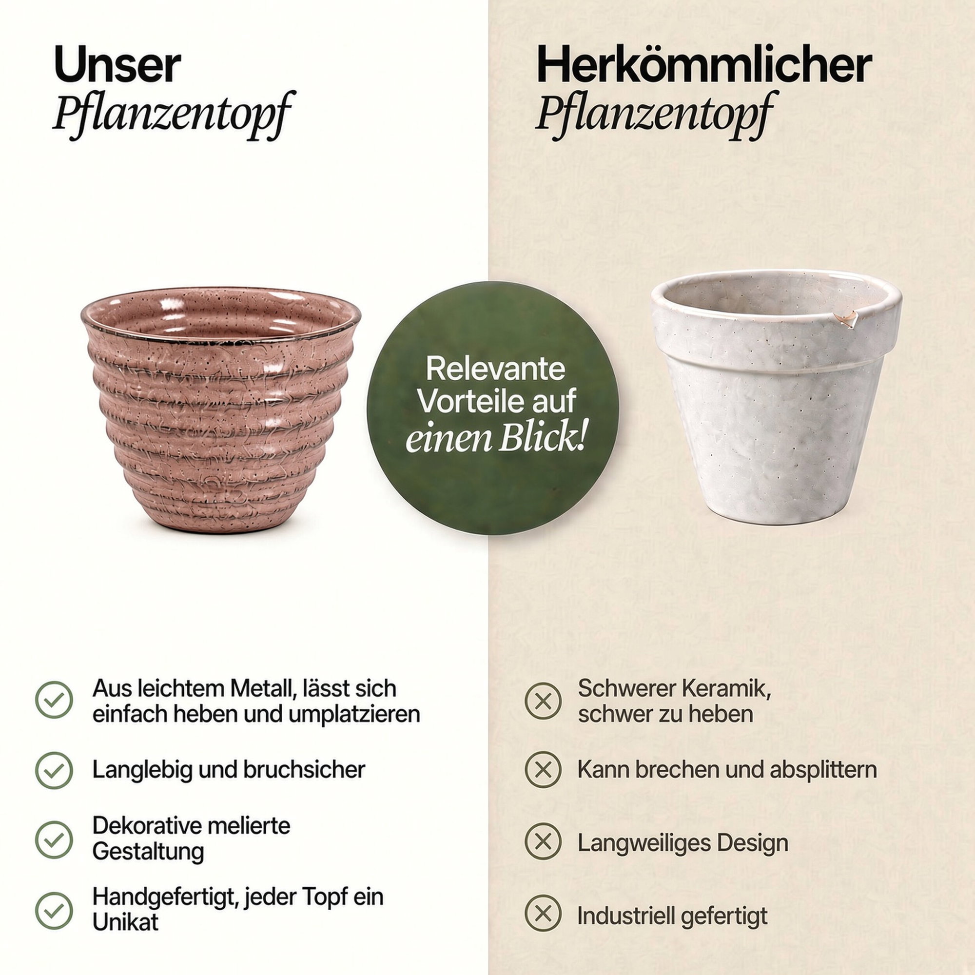 Vergleichsgrafik mit rosa geripptem Pflanztopf aus Metall in Keramik-Optik und weißem herkömmlichem Pflanztopf