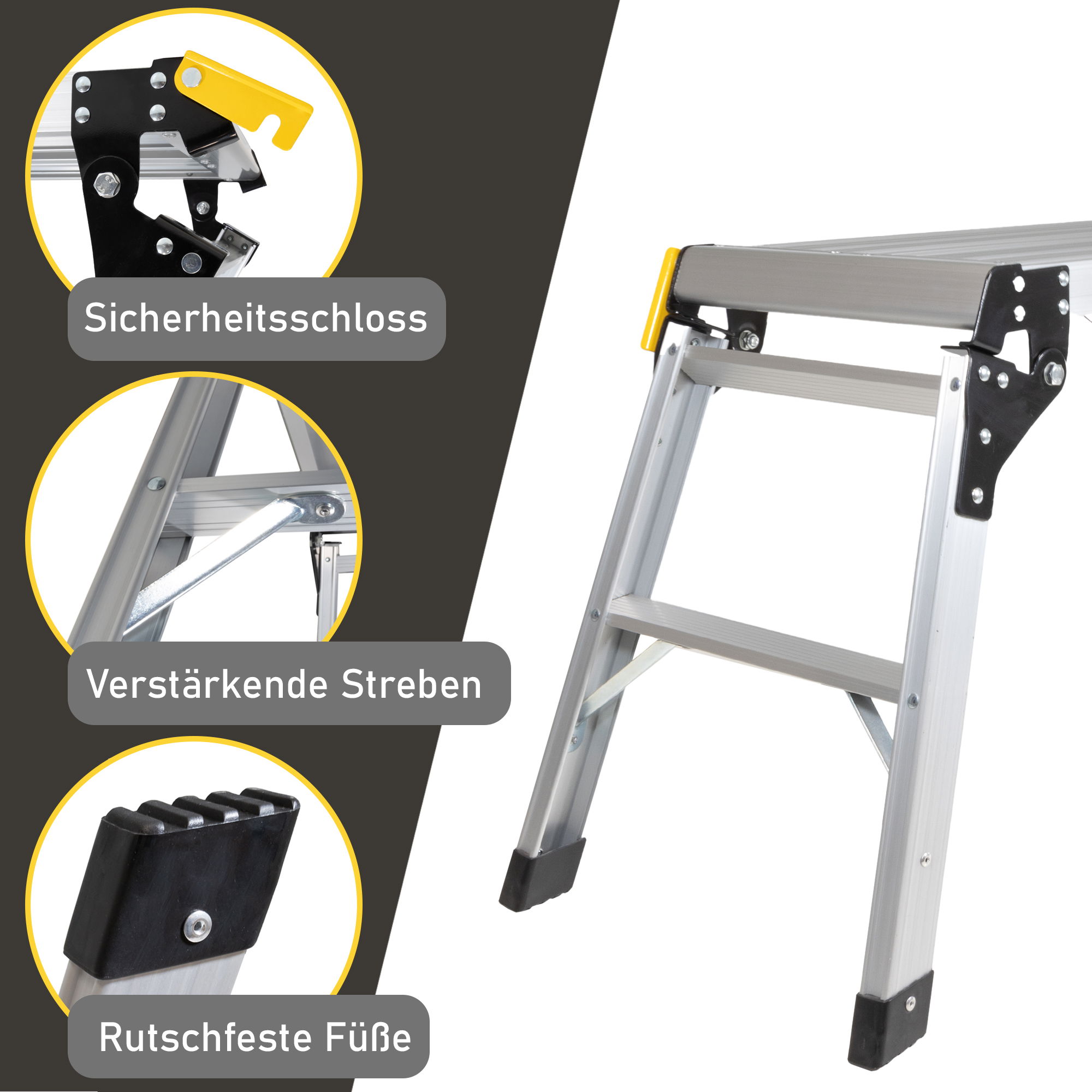 Kompakte Arbeitsplattform bis 150 kg belastbar, Arbeitsbühne 50 cm hoch, Aluleiter mit 2 Stufen NA205