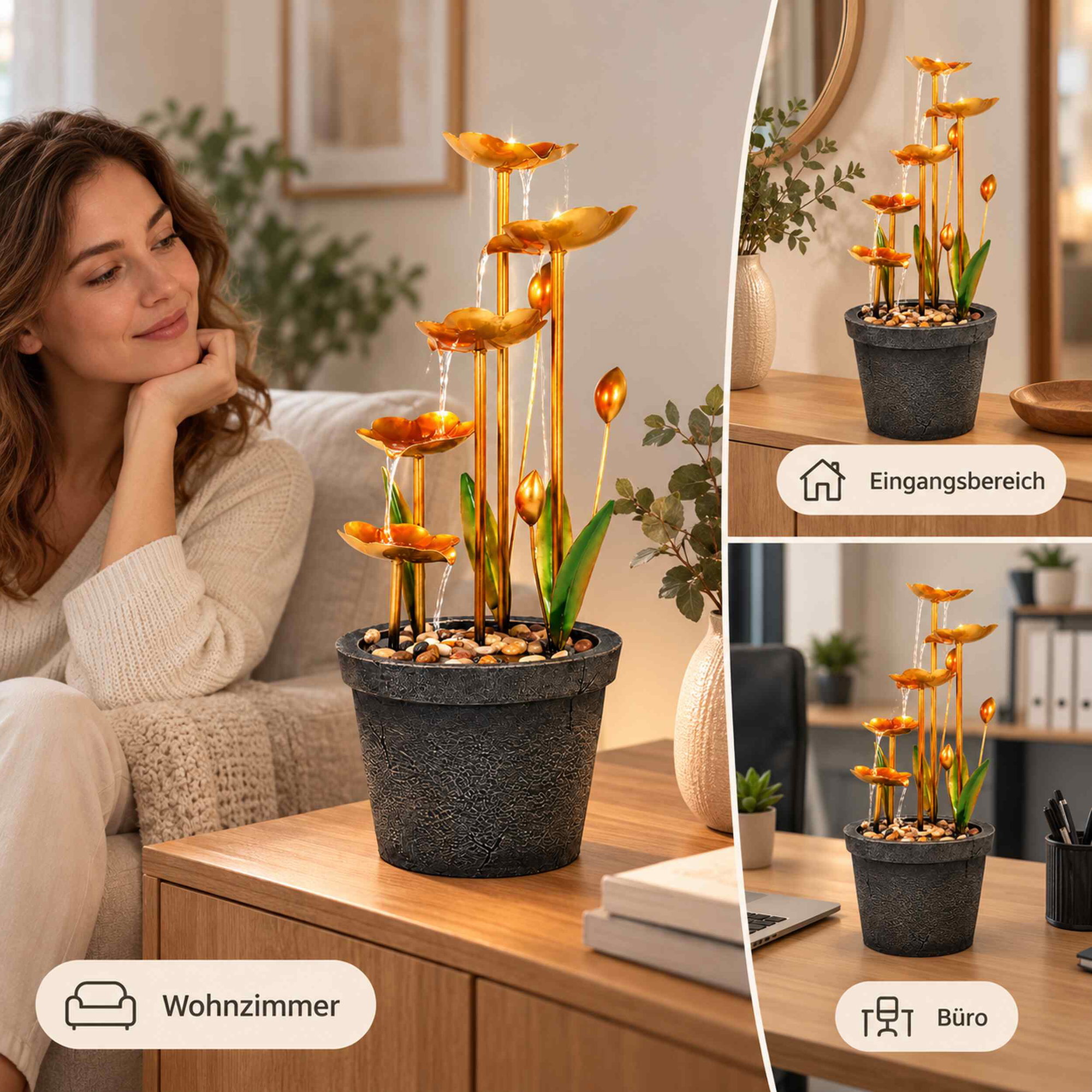 Goldener Zimmerbrunnen mit fünf blütenförmigen Wasserschalen und vier LEDs in dunklem Pflanzentopf, platziert im Wohnzimmer, Eingangsbereich und Büro.