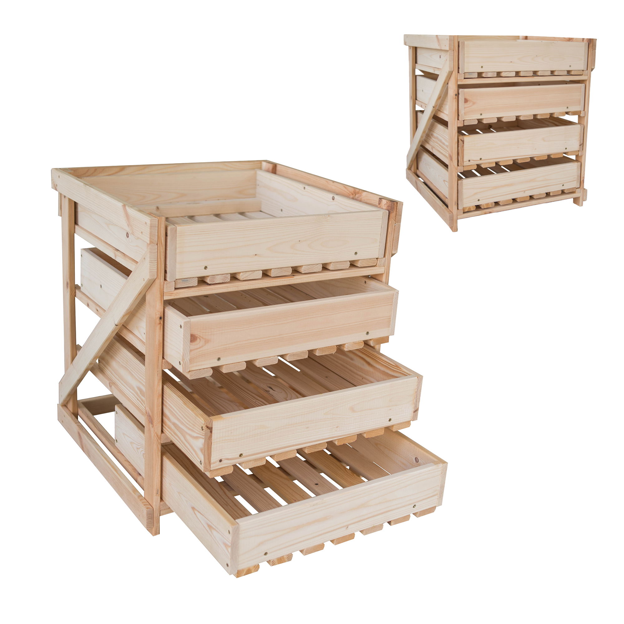 Obstkiste mit 4 Schubladen, natur, Kartoffelkiste aus Holz, kompakte Gemüsekiste NA002_N