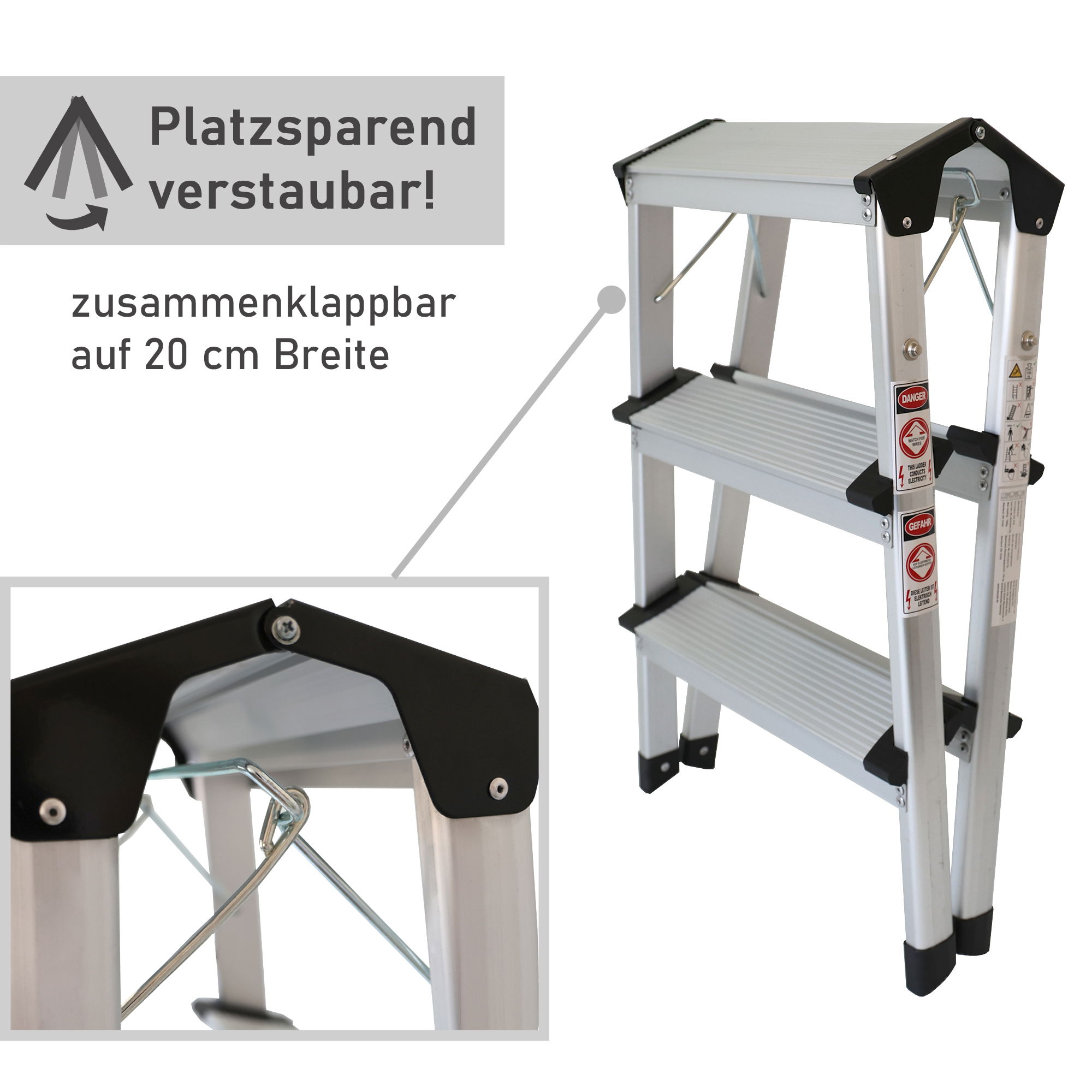 Klappbare Leiter 3 Stufen, Trittleiter aus Aluminium, Treppenleiter bis 150kg belastbar NA179 Klappbare Leiter 3 Stufen, Trittleiter aus Aluminium, Treppenleiter bis 150kg belastbar NA179