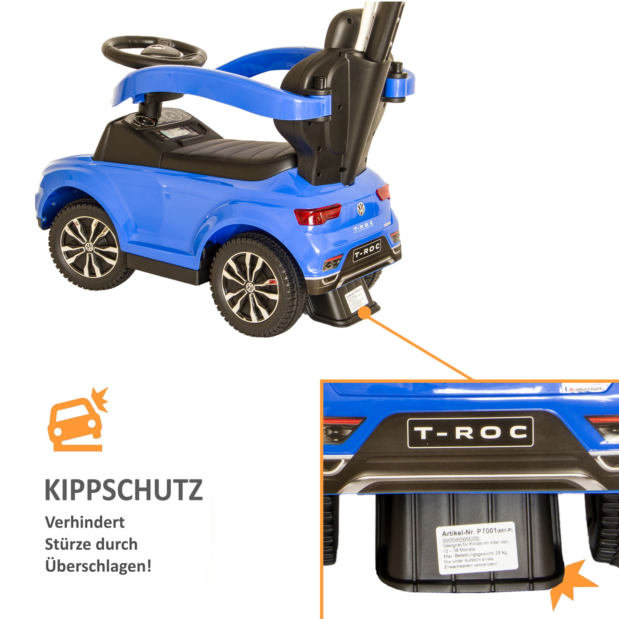 VW Rutschauto in blau mit Schiebestange, Rutschfahrzeug ab 1 Jahr, Rutscherfahrzeug mit Sicherheitsbügel PT001_B