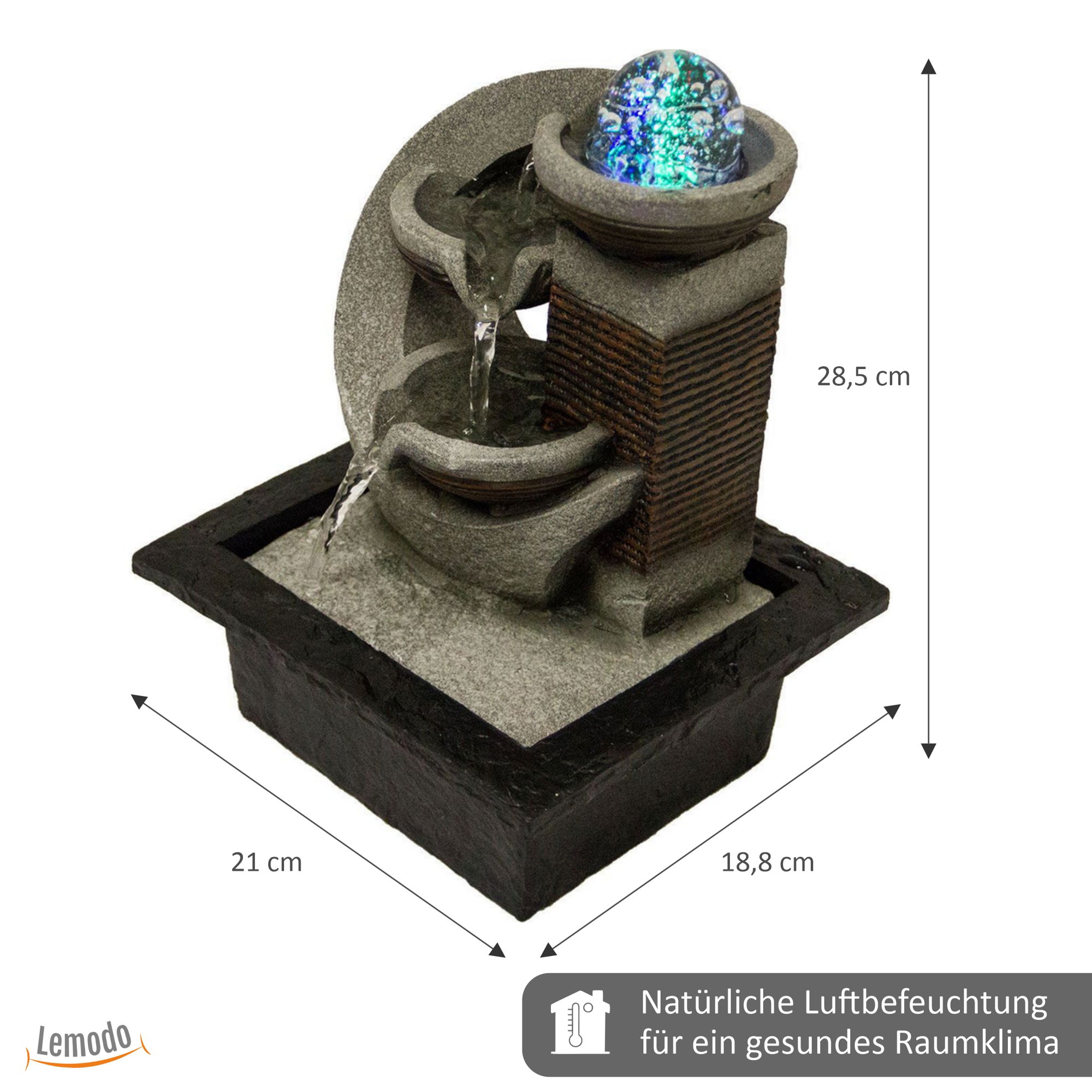 Zimmerbrunnen Kaskaden mit LED-Beleuchtung, 2 Becken, Dekobrunnen für die Wohnung, moderner Zierbrunnen NA094