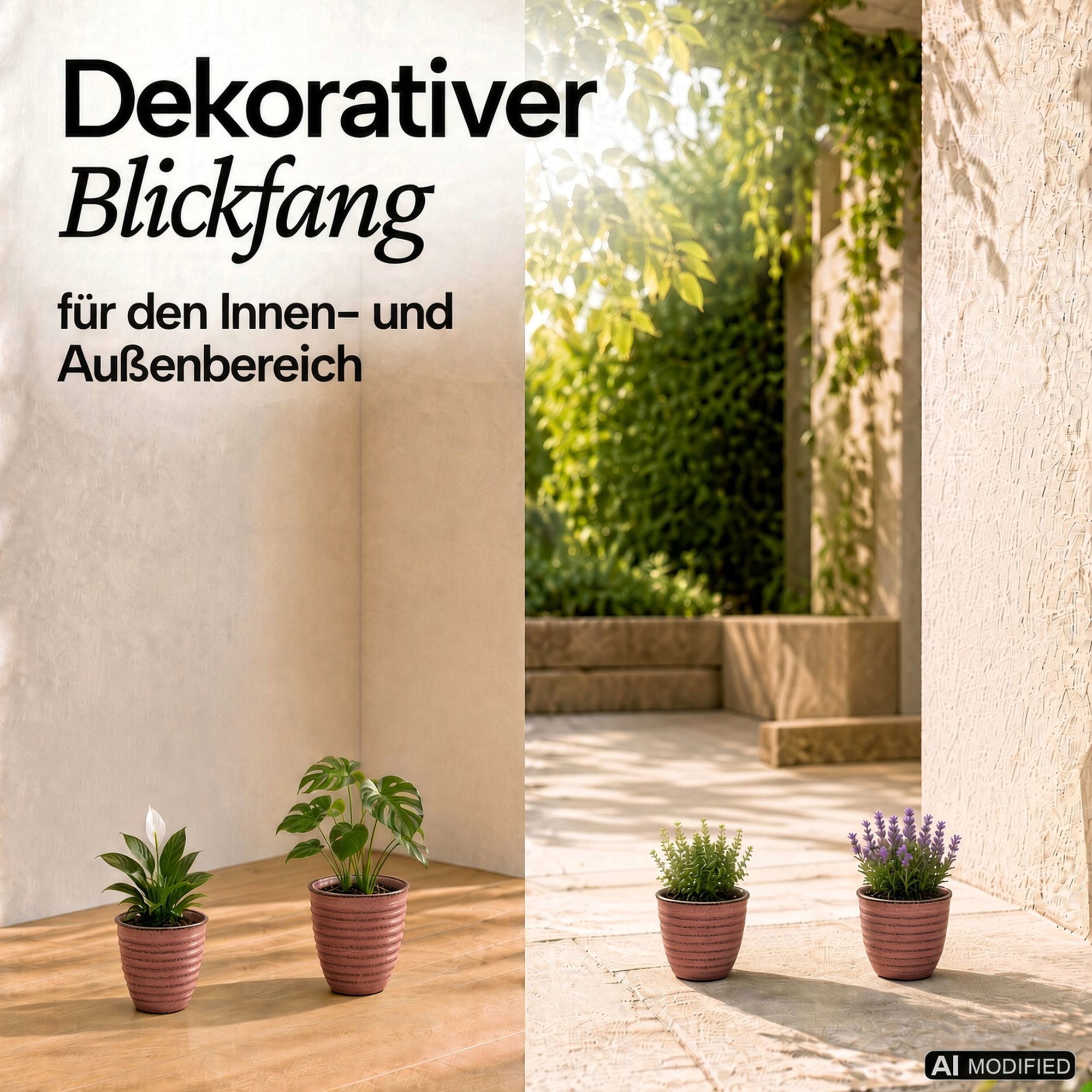 Drei kleine rosa, gerippte Pflanztöpfe in Keramik-Optik auf Boden und Terrasse mit Pflanzen