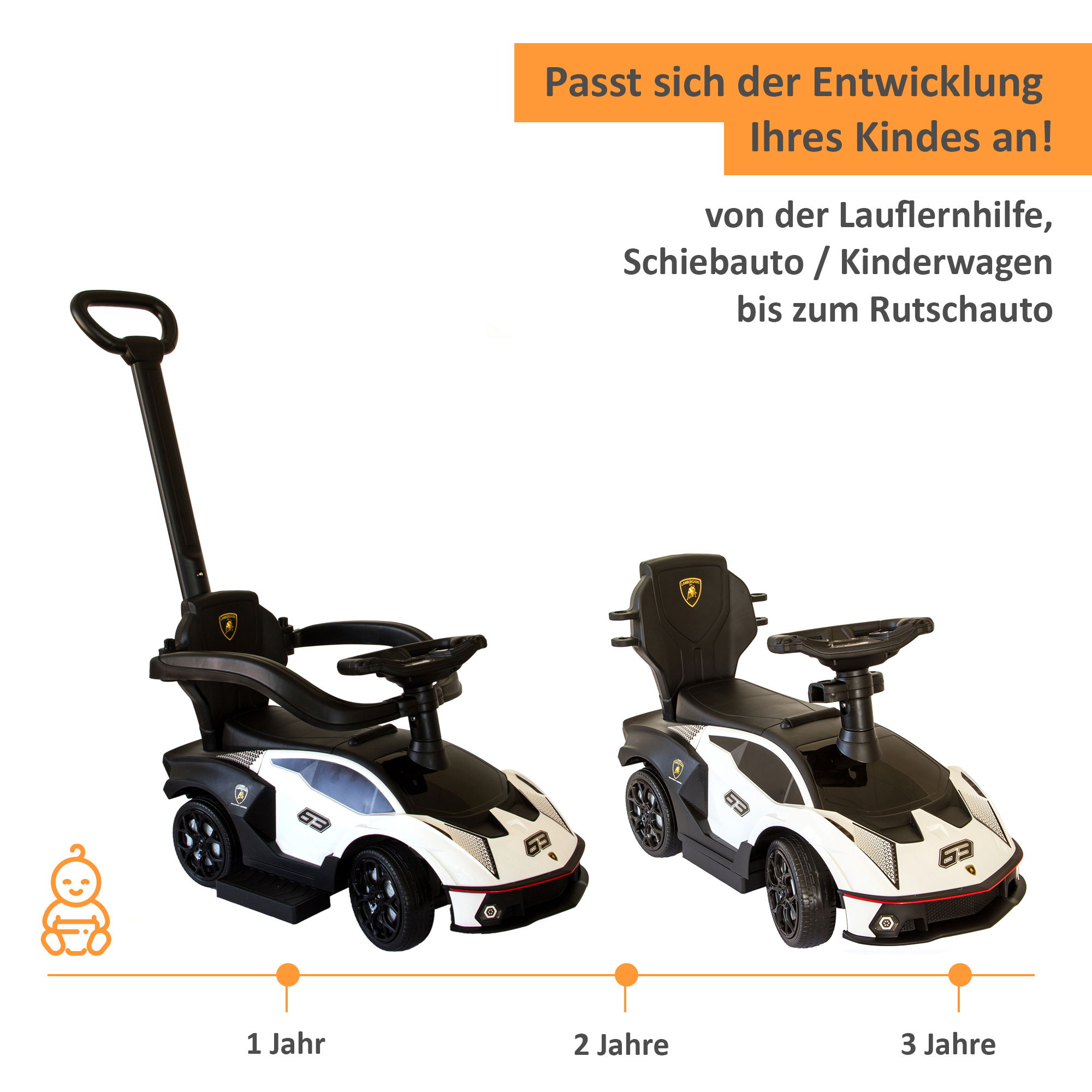 Rutschauto in weiß, Kinderfahrzeug mit Sicherheitsbügel, Rutscher Auto mit Schiebestange ab 1 Jahr PT008_W Rutschauto in weiß, Kinderfahrzeug mit Sicherheitsbügel, Rutscher Auto mit Schiebestange ab 1 Jahr PT008_W