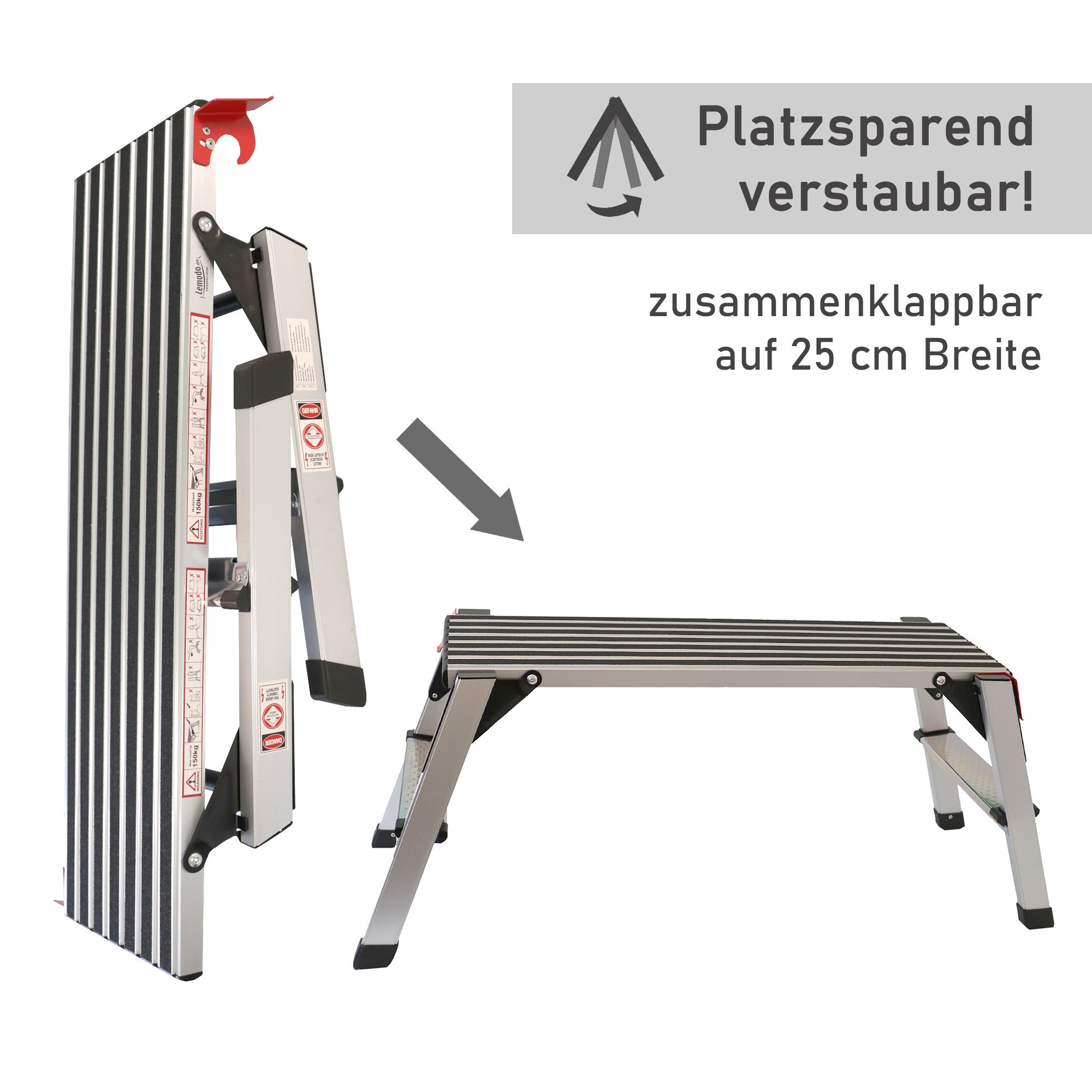 Arbeitsplattform bis 150 kg belastbar, Arbeitsbühne 50 cm hoch, Aluleiter mit 2 Stufen NA181