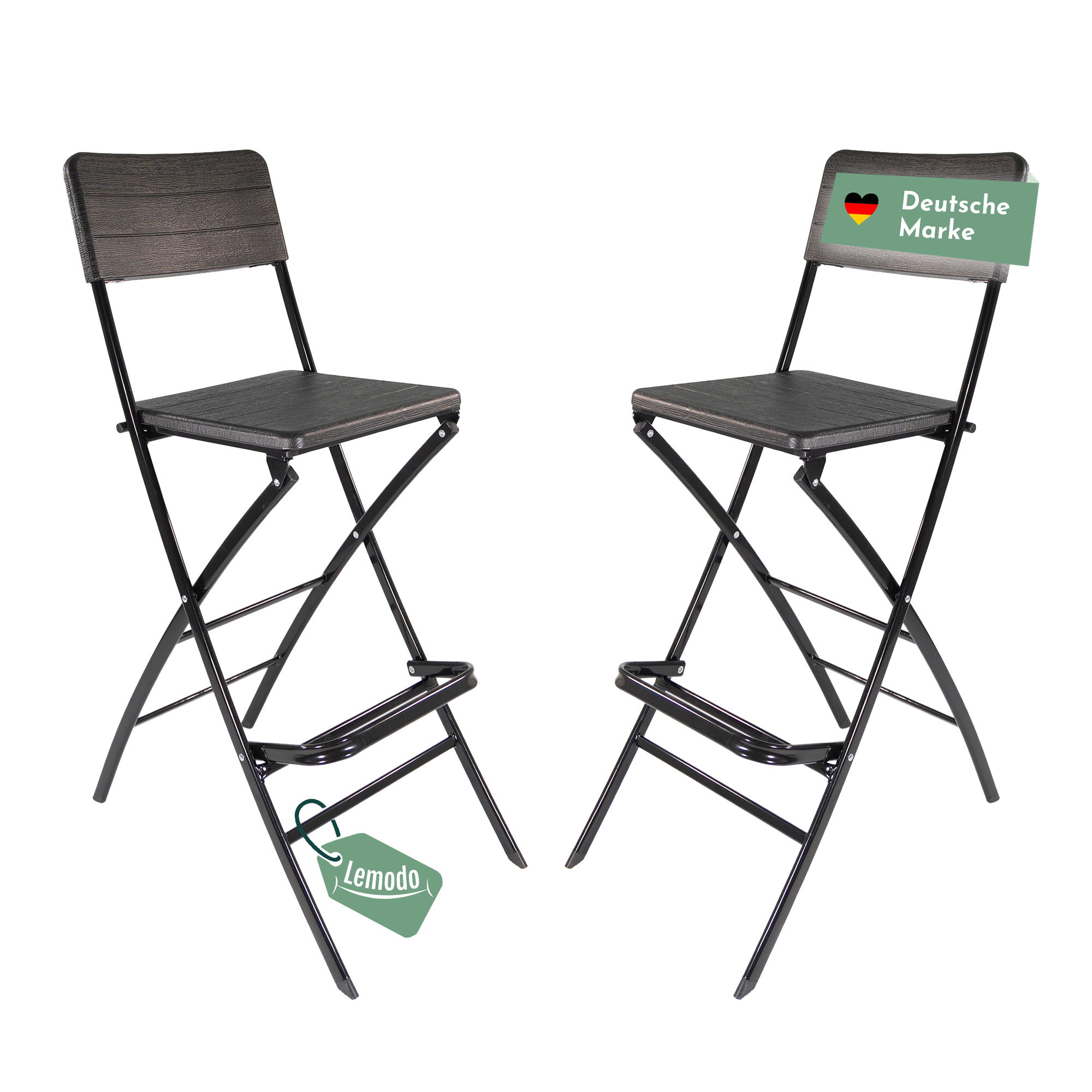 Barhocker mit Lehne, Holz-Optik in schwarz, klappbare Barstühle als 2er Set, Küchenhocker