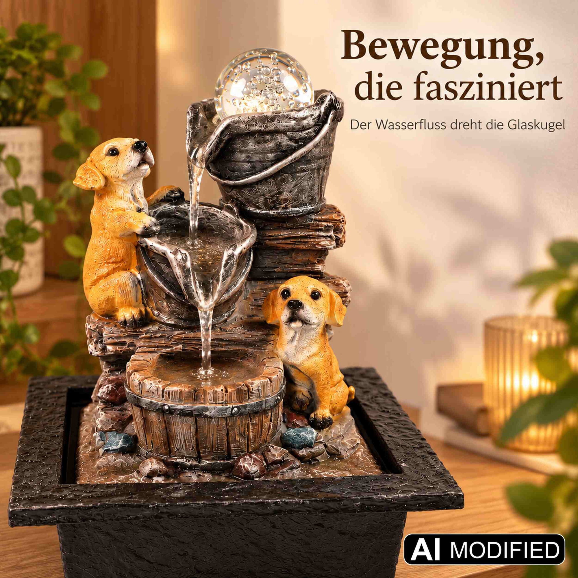Zimmerbrunnen mit zwei Hundefiguren, beleuchteter Glaskugel und Wasserspiel über Holzoptik-Eimern auf dunklem Sockel