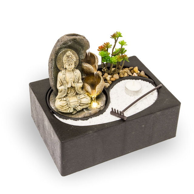 Zimmerbrunnen mit LED-Beleuchtung und Buddha, Feng Shui Dekobrunnen mit kleinem ZEN Garten Zimmerbrunnen mit LED-Beleuchtung und Buddha, Feng Shui Dekobrunnen mit kleinem ZEN Garten