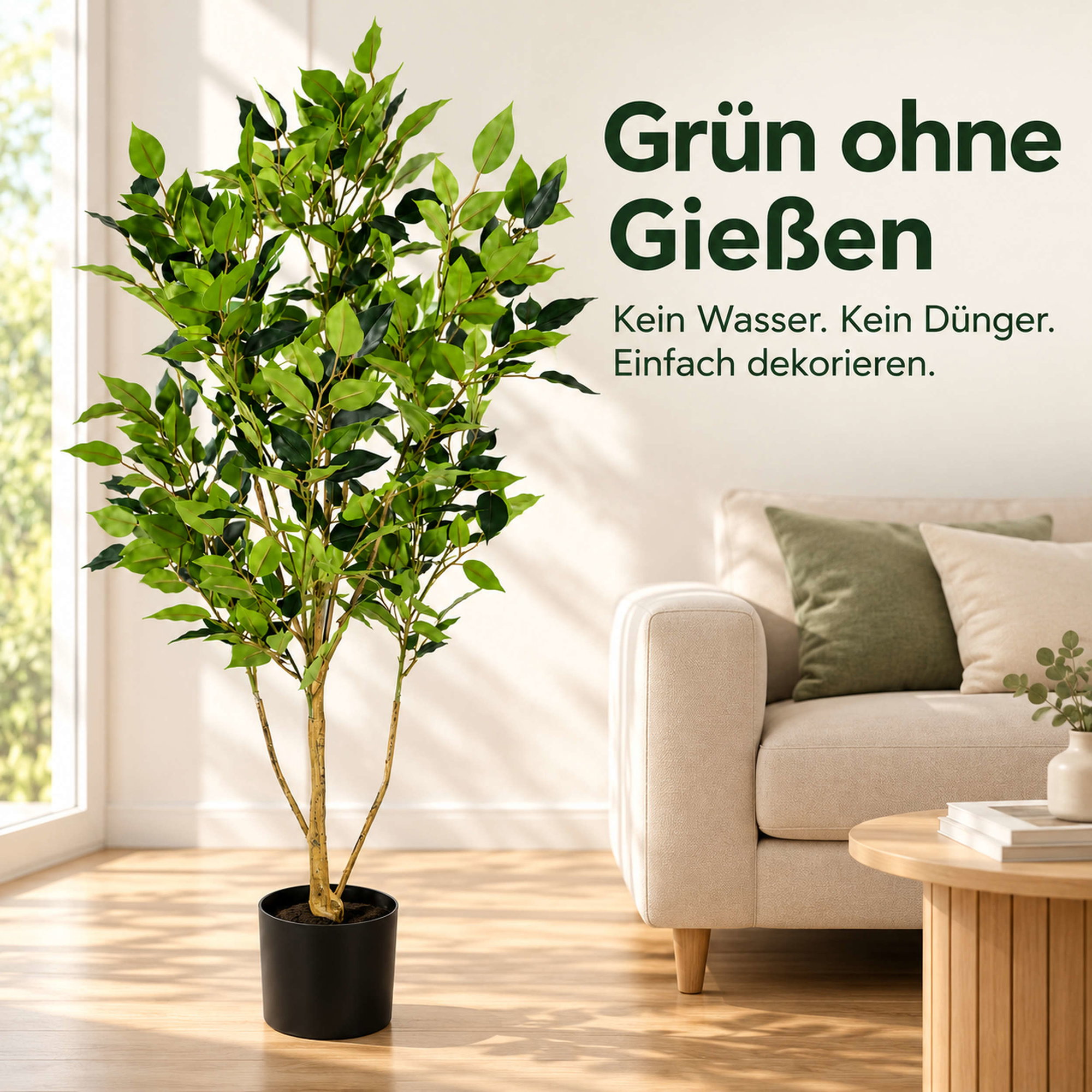 Kunstpflanze Ficus Benjamini ca. 120 cm im schwarzen Topf neben einem Sofa in hellem Wohnzimmer