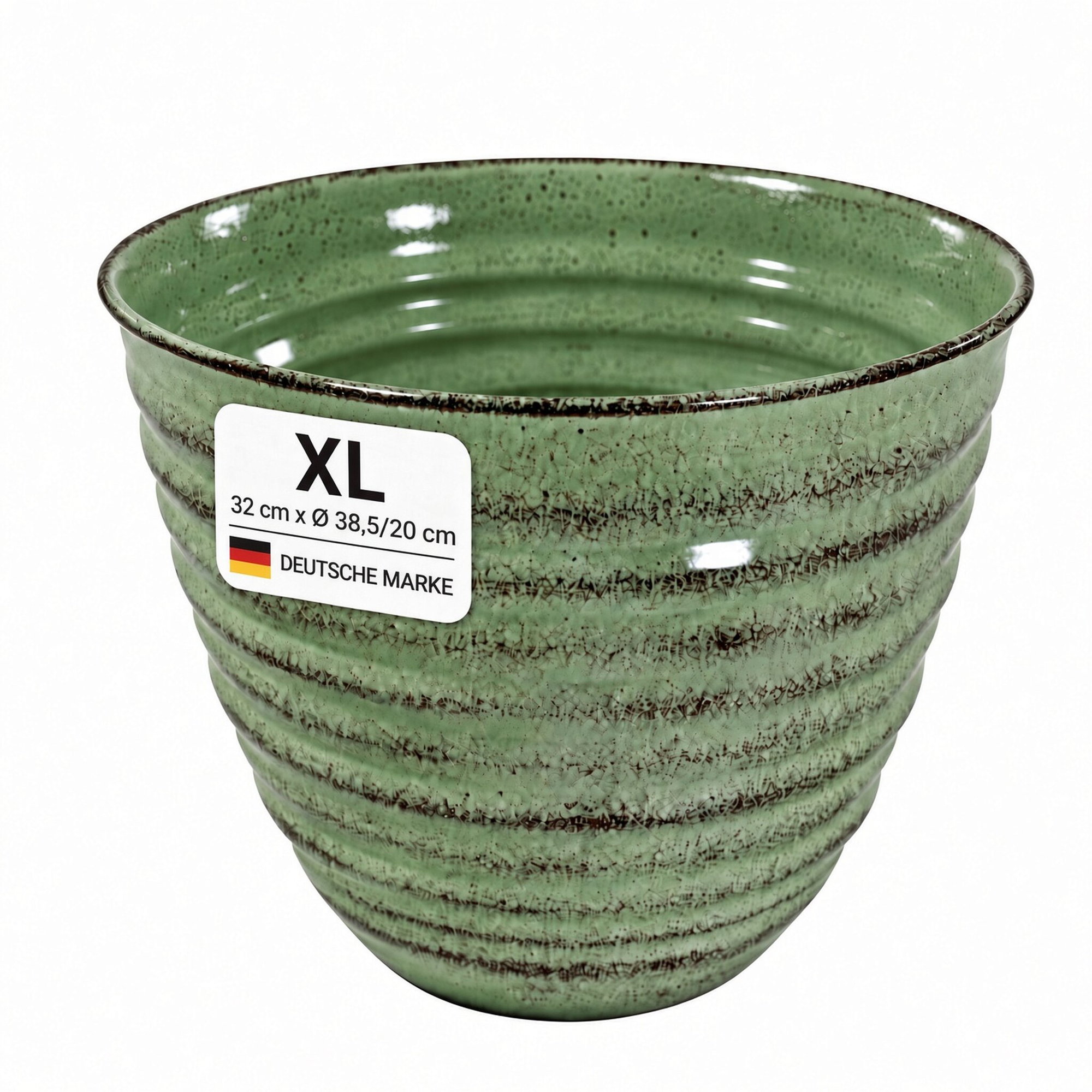 Pflanztopf aus Metall in grün, gerippt, Keramik-Optik XL Grüner gerippter Pflanztopf in Keramik-Optik aus Metall, Größe XL