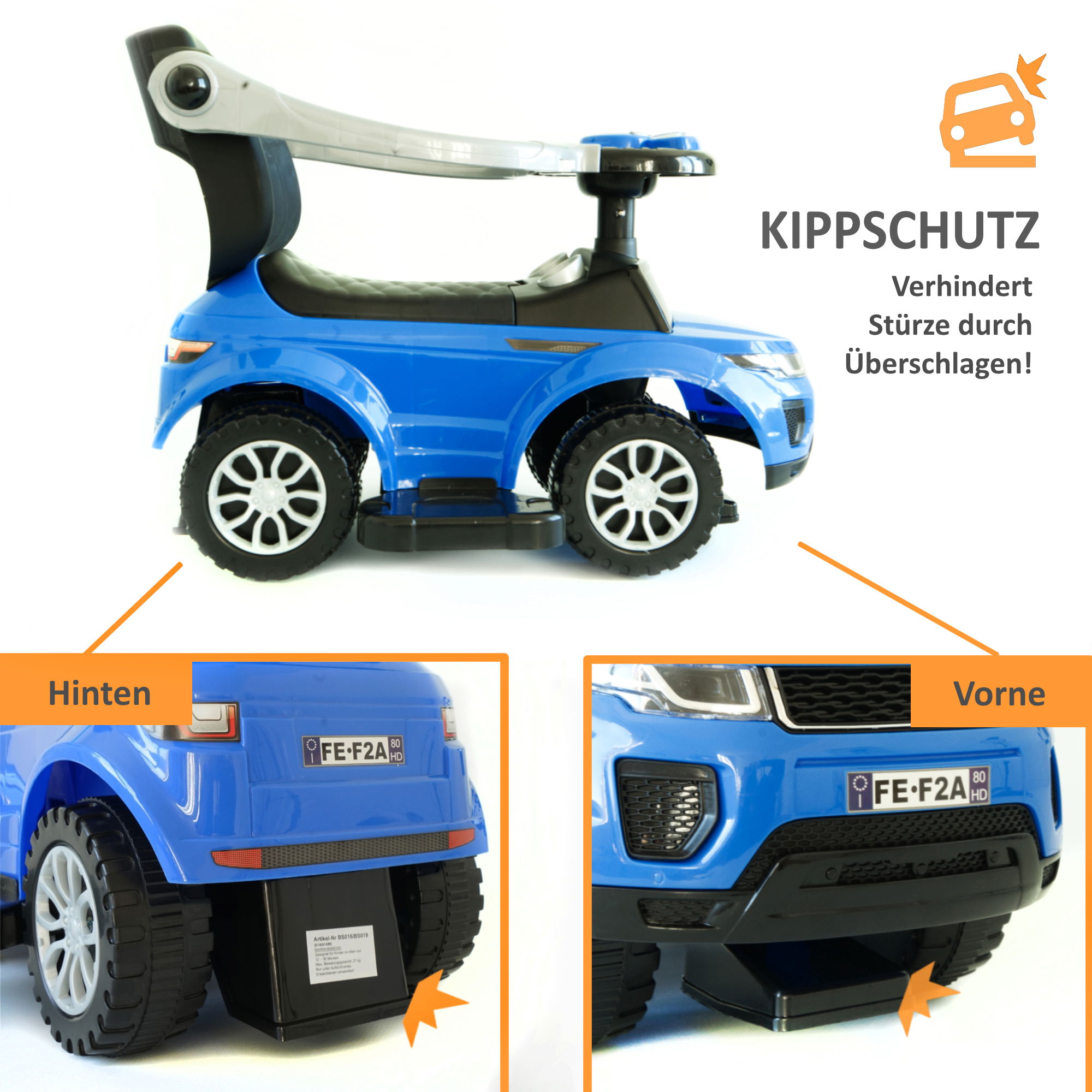 Rutschauto in blau mit Schiebestange, Rutschfahrzeug ab 1 Jahr, Rutscherfahrzeug mit Sicherheitsbügel BS019