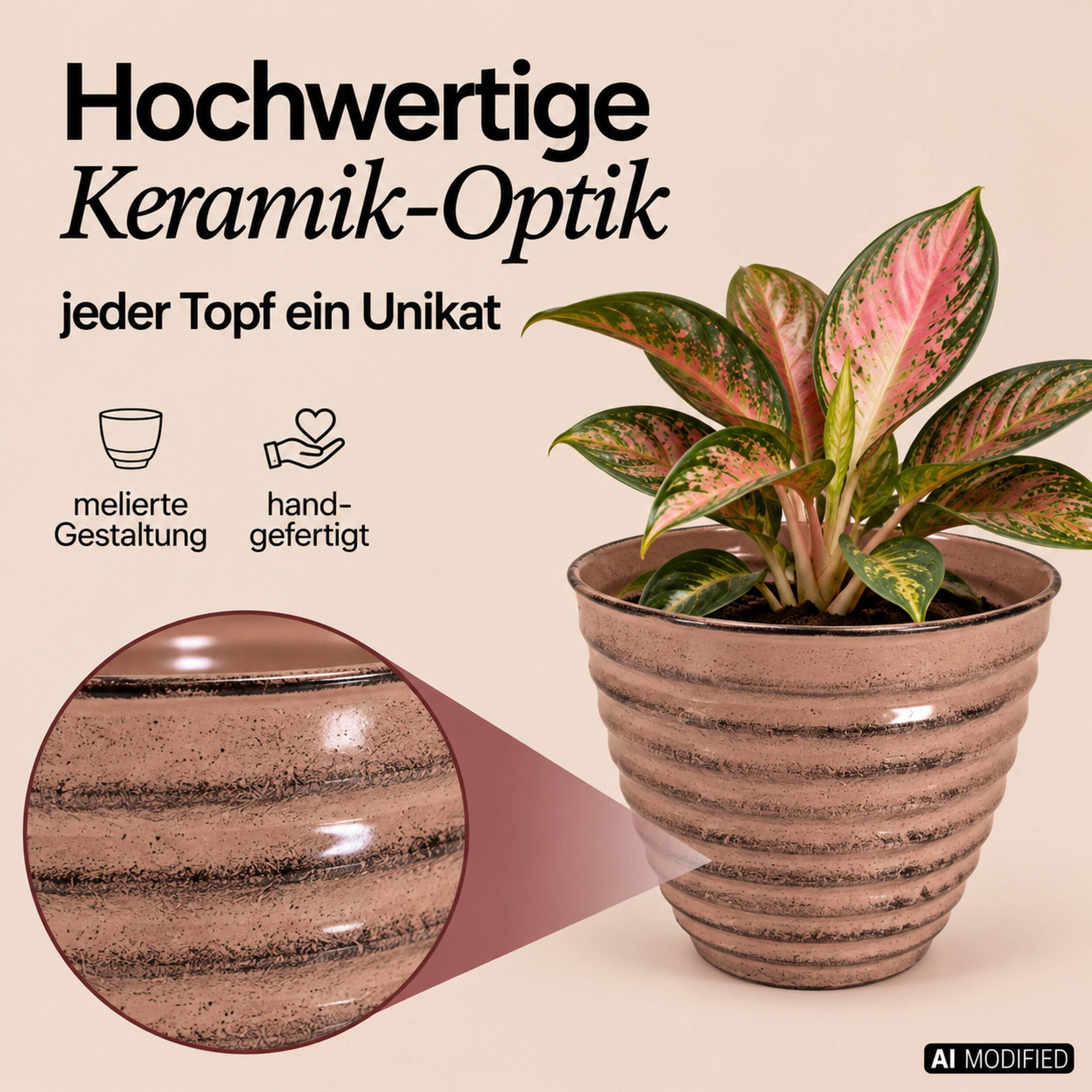Rosa Pflanztopf in Keramik-Optik, gerippt, Größe L Rosa gerippter Pflanztopf in Keramik-Optik mit melierter Oberfläche, Größe L