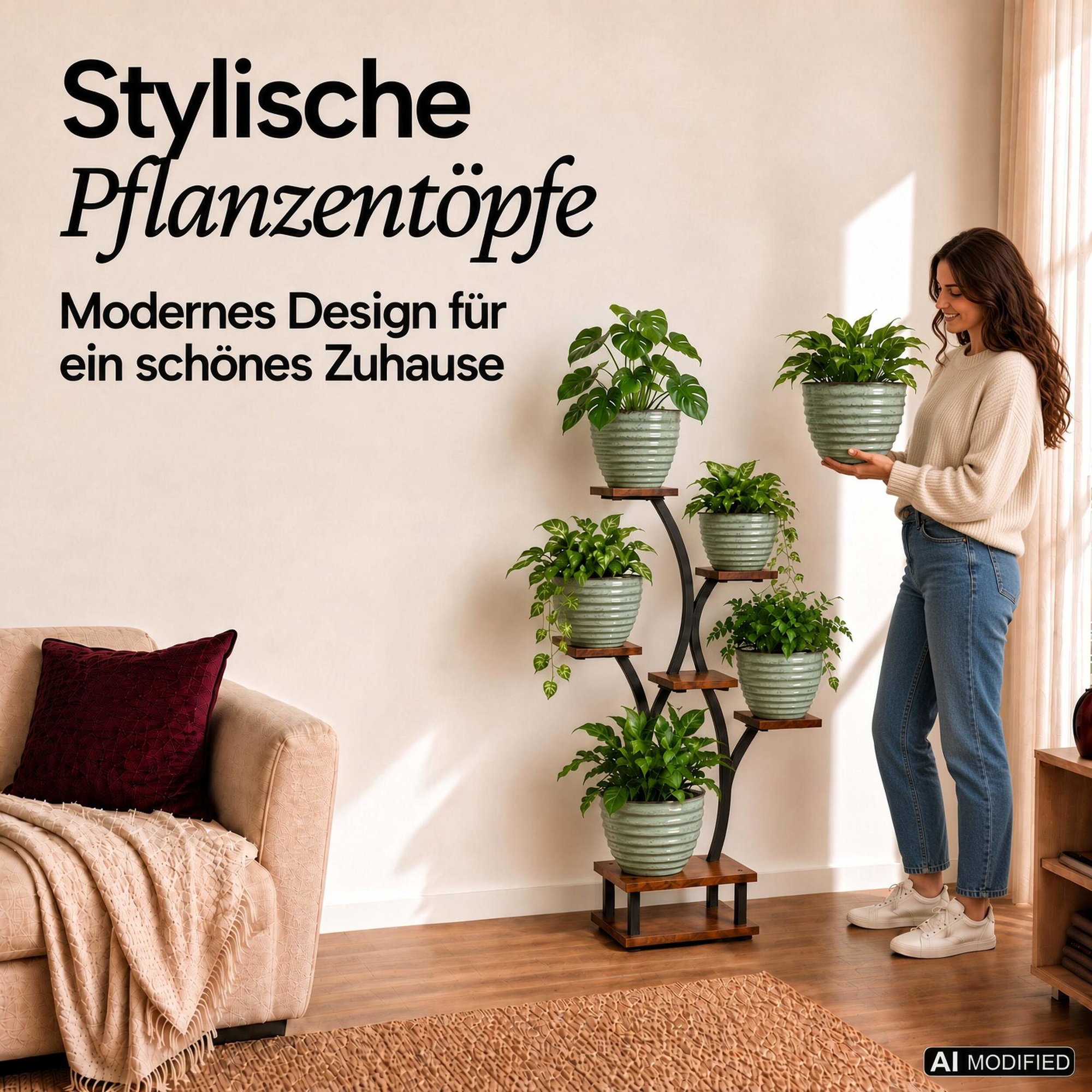 Grüne gerippte Pflanztöpfe in Keramik-Optik Grüne gerippte Pflanztöpfe in Keramik-Optik auf Pflanzenständer und in der Hand einer Frau im Wohnzimmer