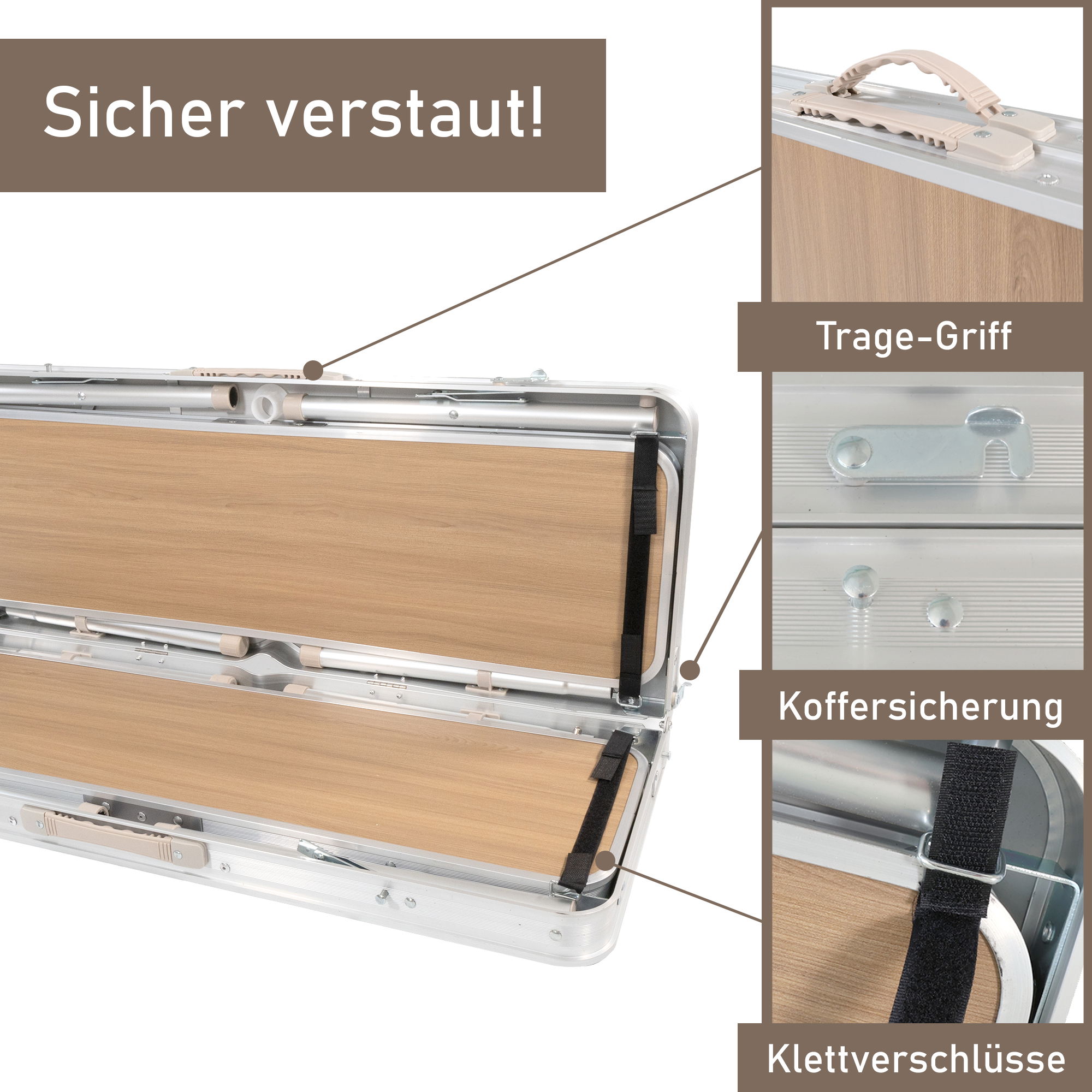 Klapptisch mit 2 Bänken, Campingtisch klappbar aus Aluminium mit Sonnenschirmhalter WT003