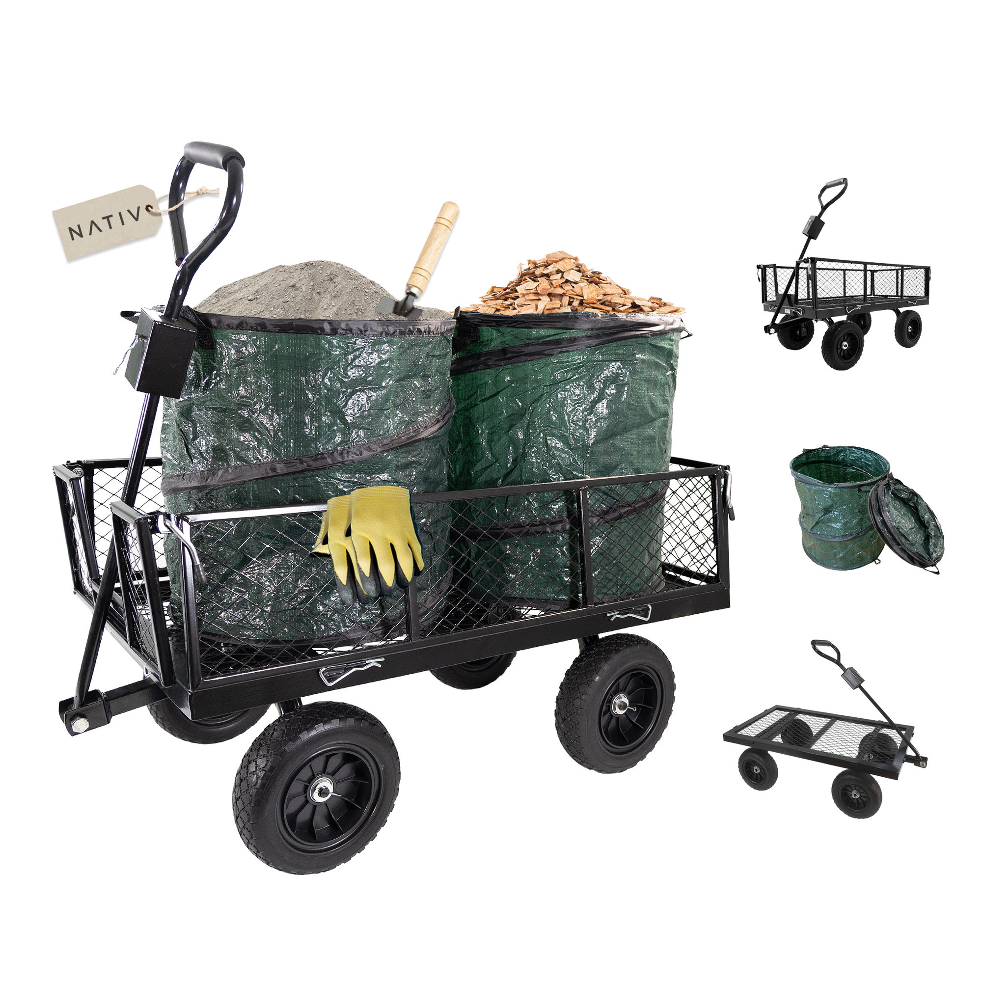 Gartenwagen Metall mit 2 Laubsäcken, 300 kg belastbar, Gartenarbeit