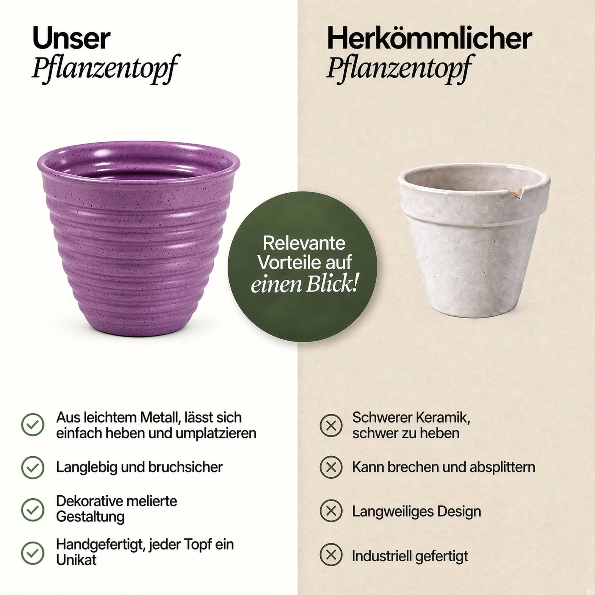 Lila Pflanztopf aus Metall in gerippter Keramik-Optik Vergleichsgrafik mit lila geripptem Pflanztopf aus Metall in Keramik-Optik und grauem herkömmlichem Topf